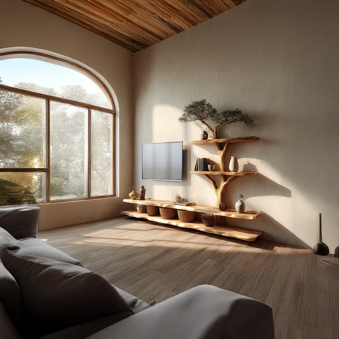 Rustic Bonsai Tree Wall Shelf TV Console Living Room SINLSATB517