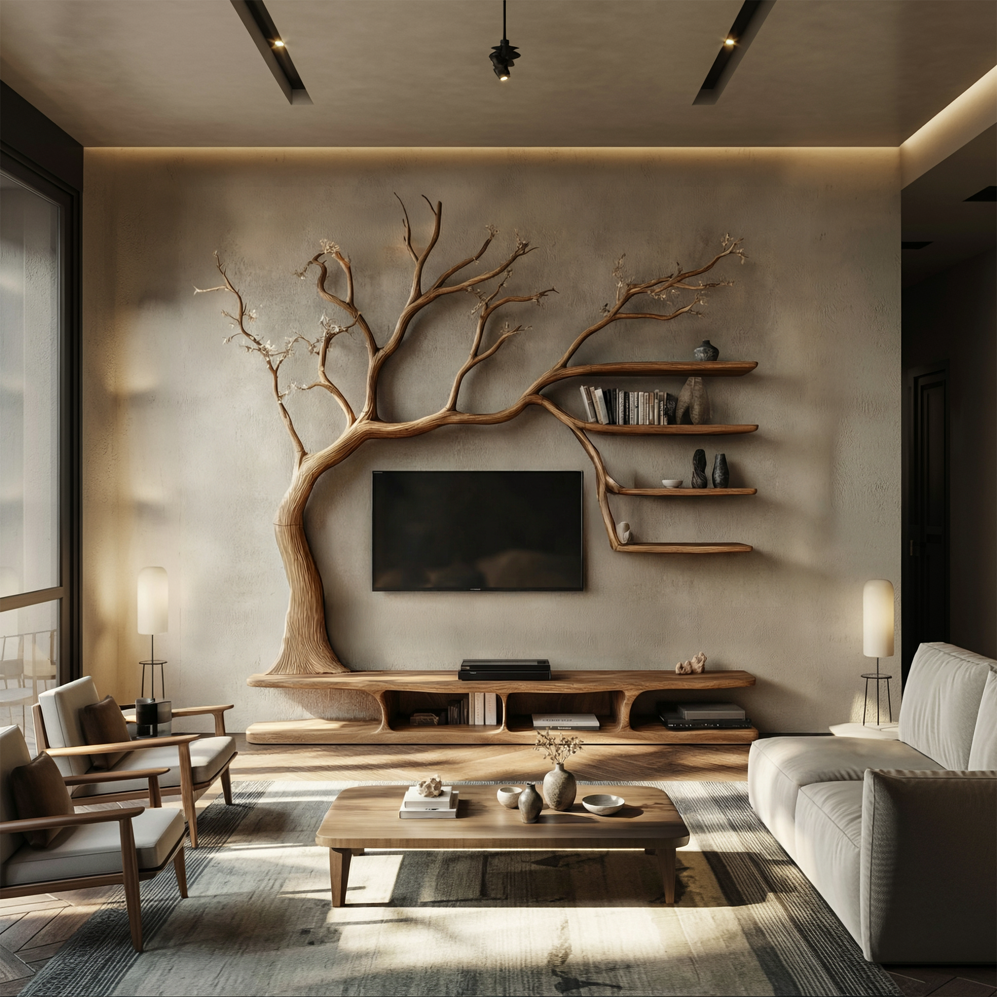 Rustic Artistic Tree TV Cabinet For Living Room And Entertainment Area SINLSATB704
