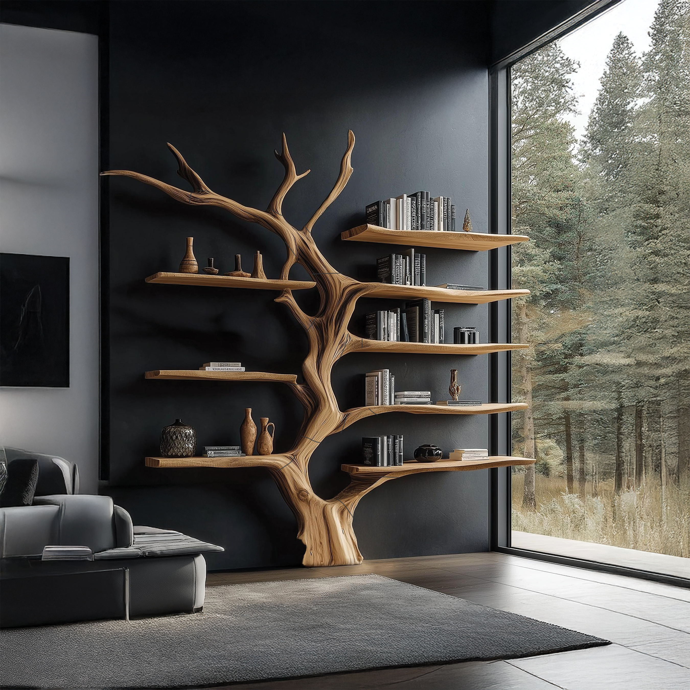 Sculptural Tree Bookcase Artistic Wooden Wall Shelf SINLSATB176