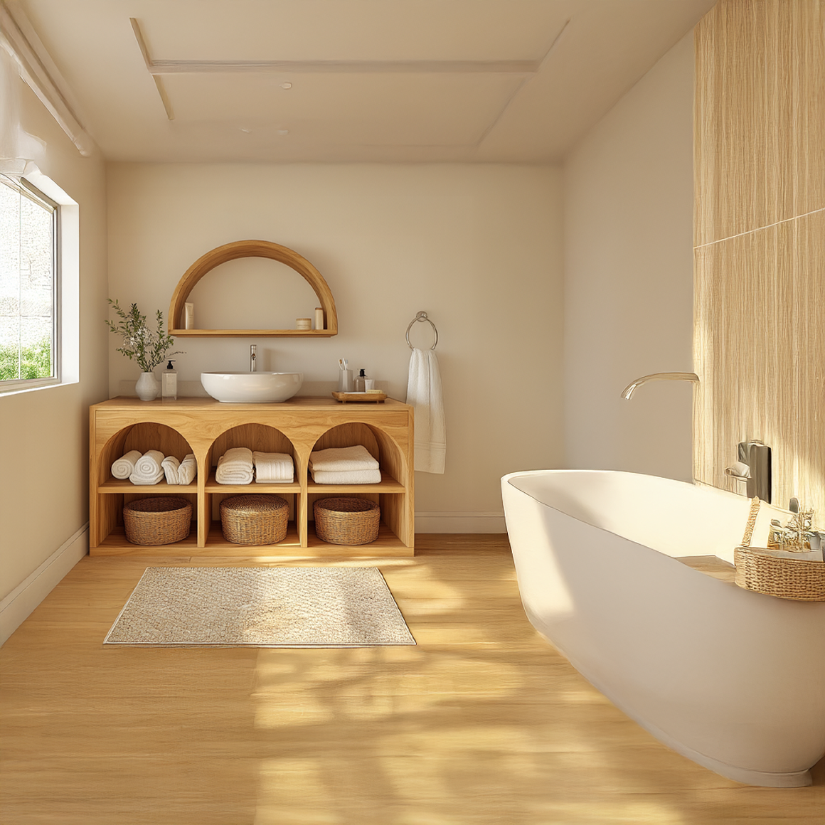 Scandinavian Bathroom Storage Cabinet With Arched Open Shelves And Natural Wood Design For Bathroom SINLSABRV208