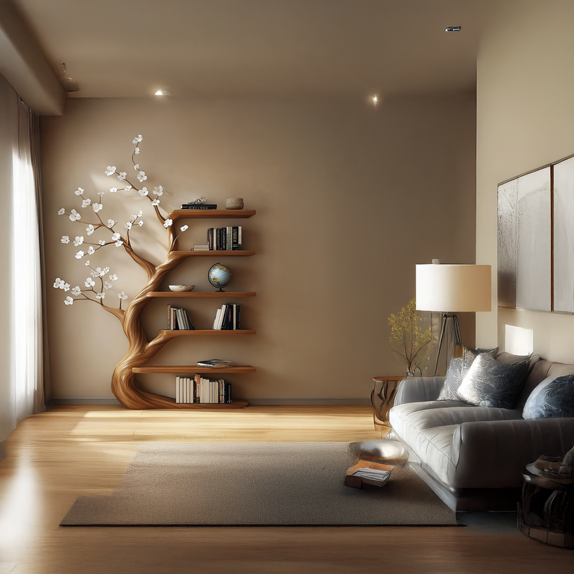 Rustic Tree Bookshelf Living Room Flower Design SINLSATB315