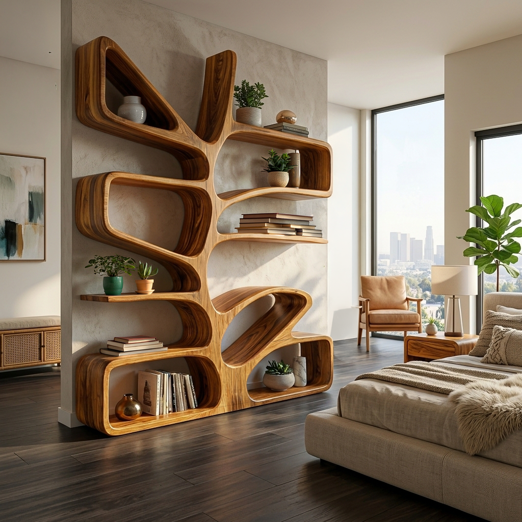 Organic Wooden Bookcase With Sculptural Form For Living Space RTTHTTBS130