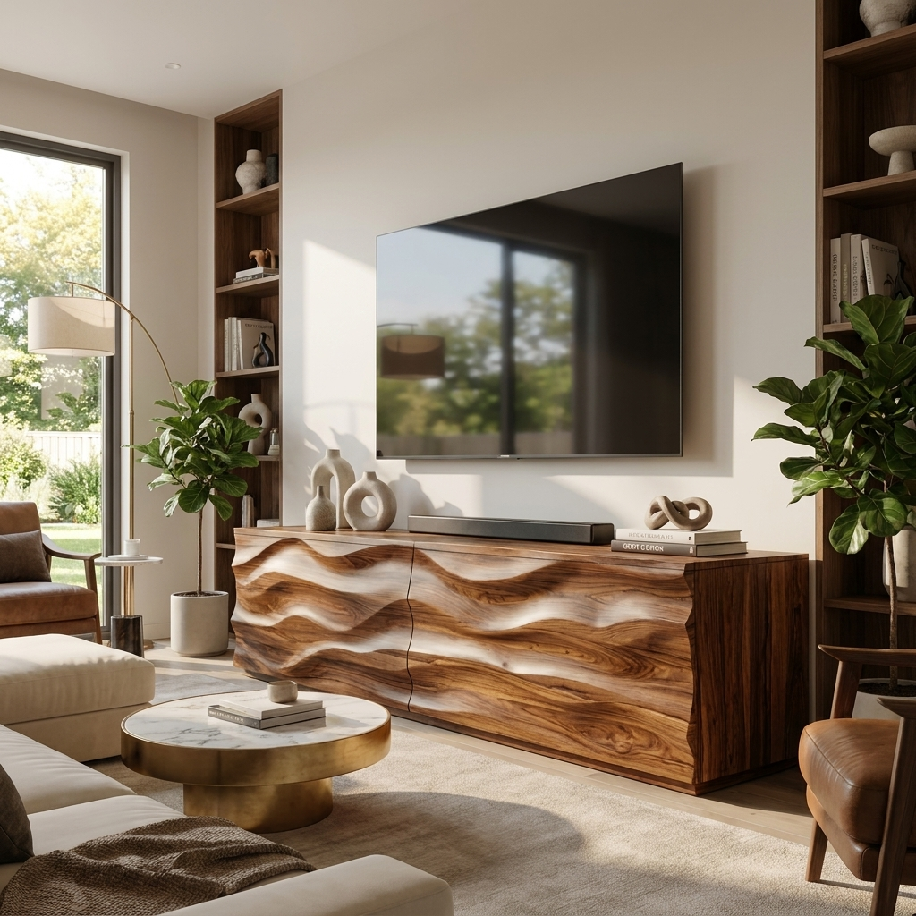 Modern Carved Media Console With Wave Front For Living Room SITHTTTVC021
