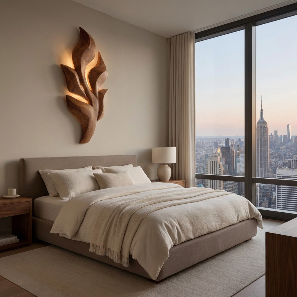Sculptural Wooden Leaf Wall Lamp With Warm Light For Home RTTHHNWA165
