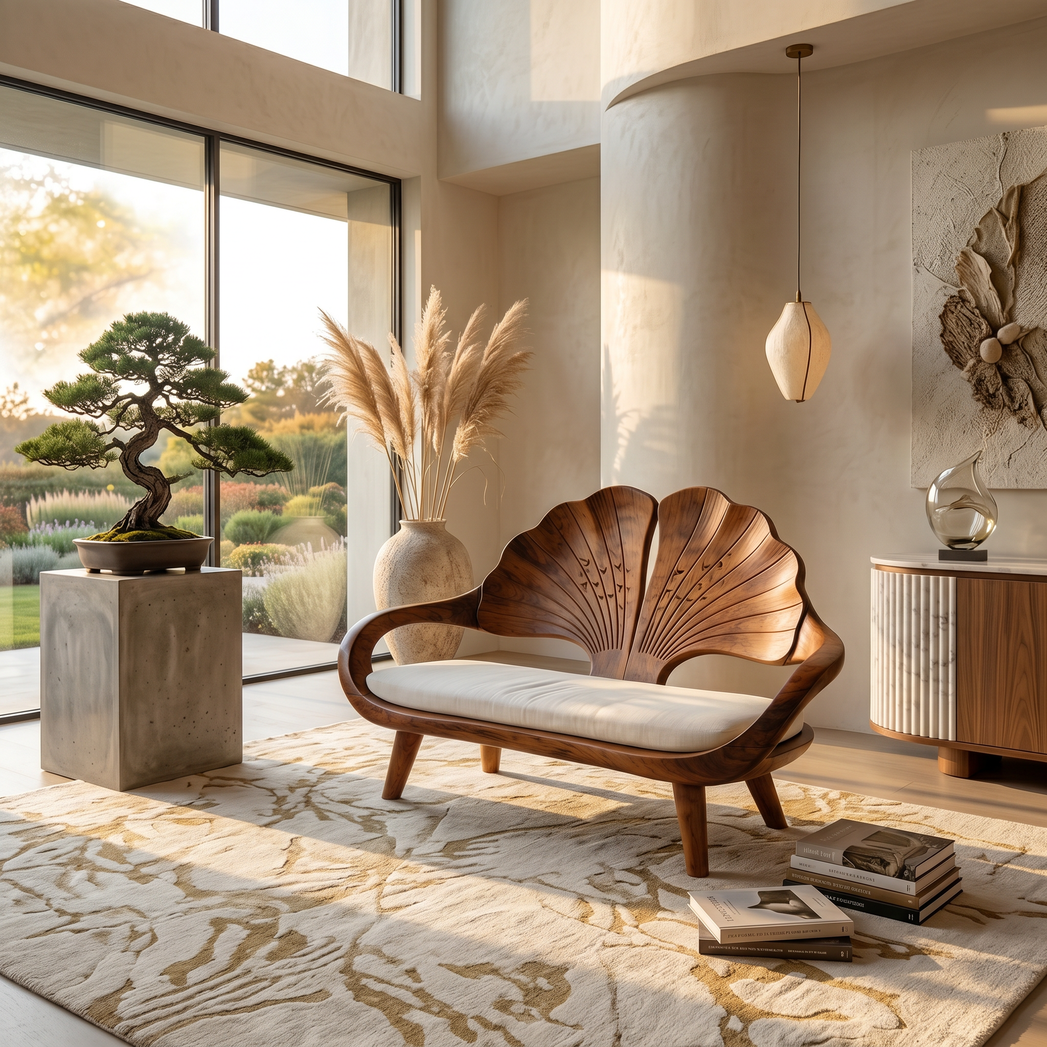 Minimalist Ginkgo Leaf Back Bench For Reading Interior Area SILDTTNBEN009