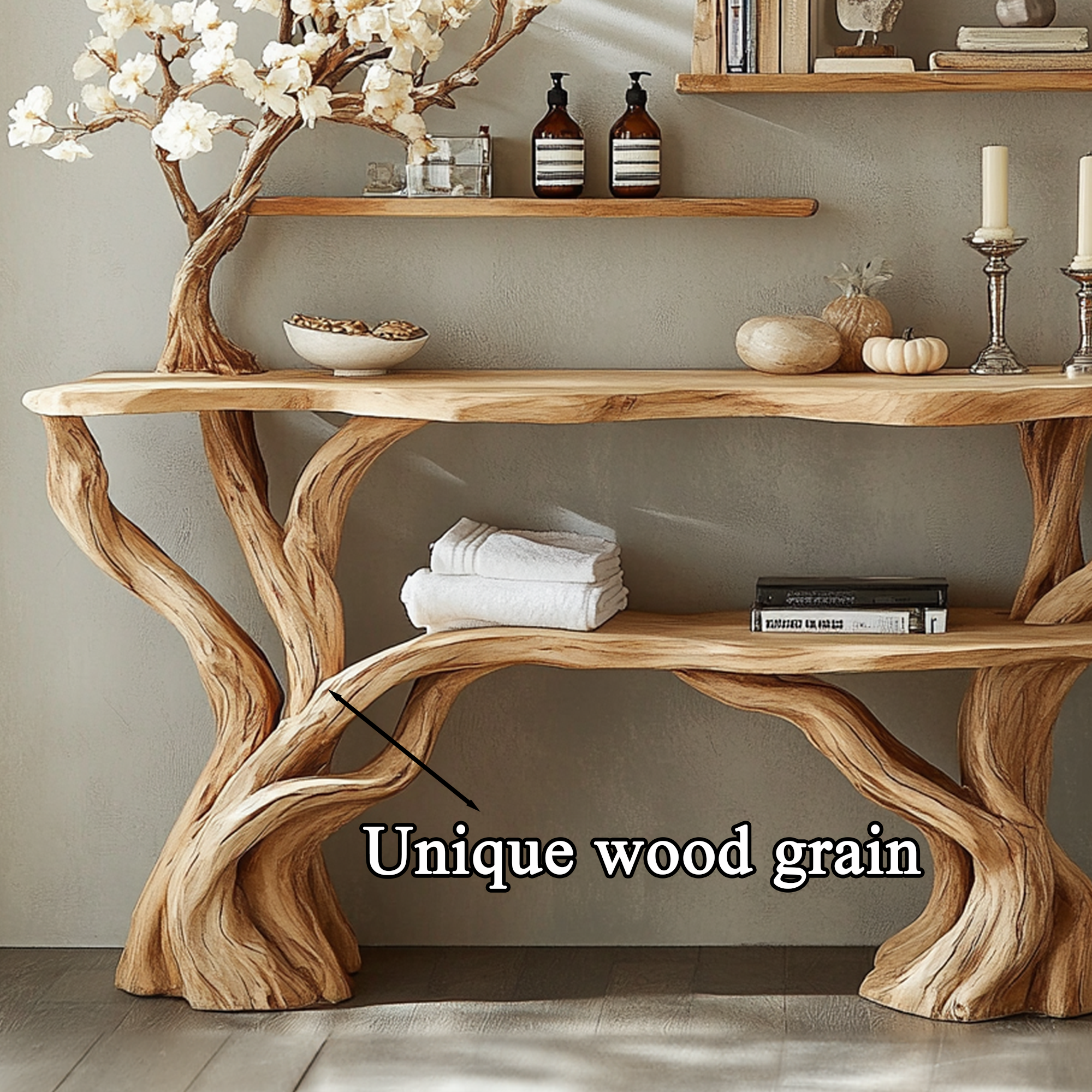 Narrow Console Table With Tree Branch Bookshelf SINLCS041