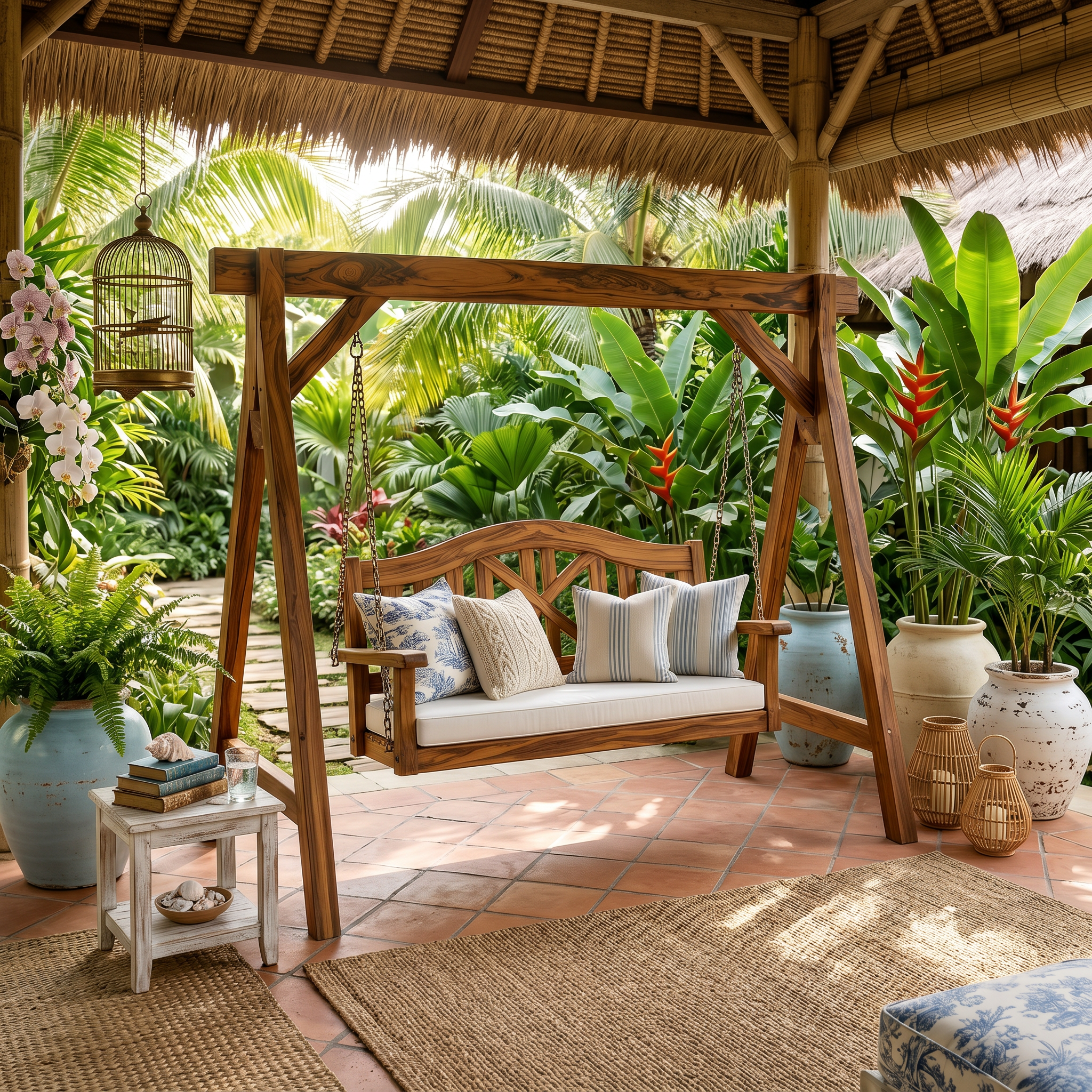 Mediterranean Wooden Swing Bench Villa Patio SILDTTRSWI014