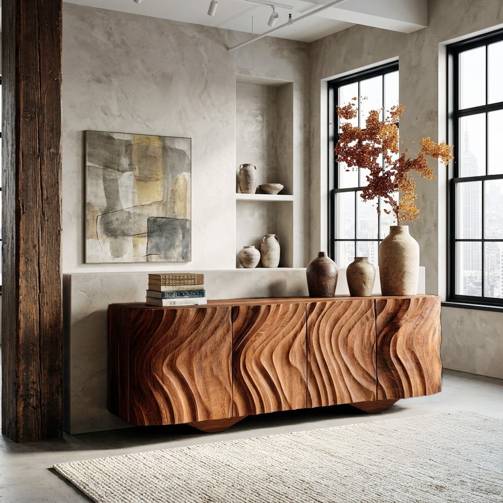Farmhouse Wooden Sideboard With Carved Wave Doors For Living Storage RTTHHNSD041