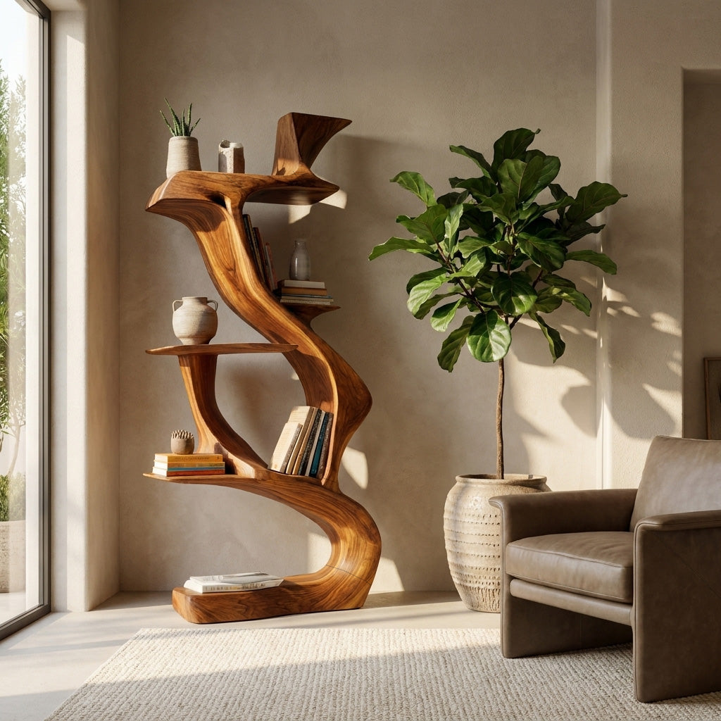 Sculptural Natural Wood Bookshelf For Living Room RTTHHNBS167