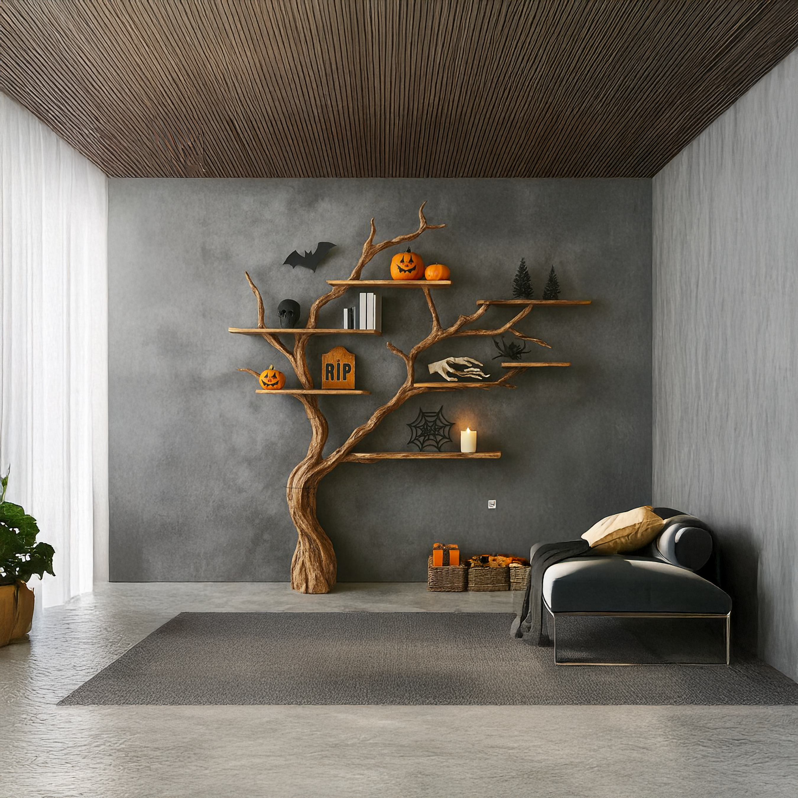 Midcentury Tree Bookshelf Living Room Halloween SINLSATB263