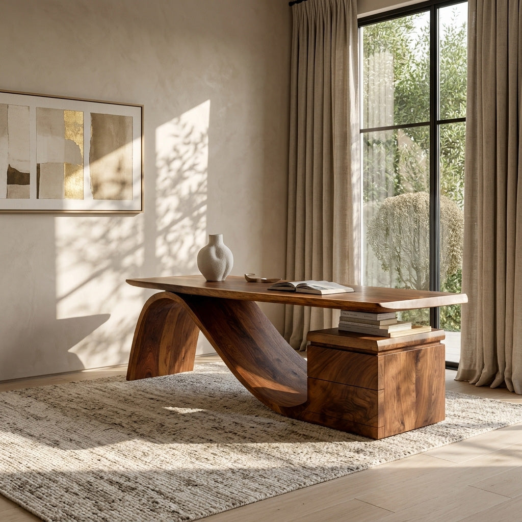Organic Wooden Desk With Undulating Base For Home Office RTTHHNDE113