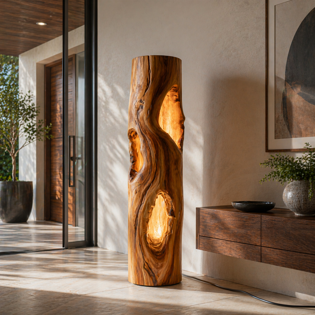 Handcrafted Wooden Floor Lamp With Multi Hollow For Home Decor RTTHTTLAM048