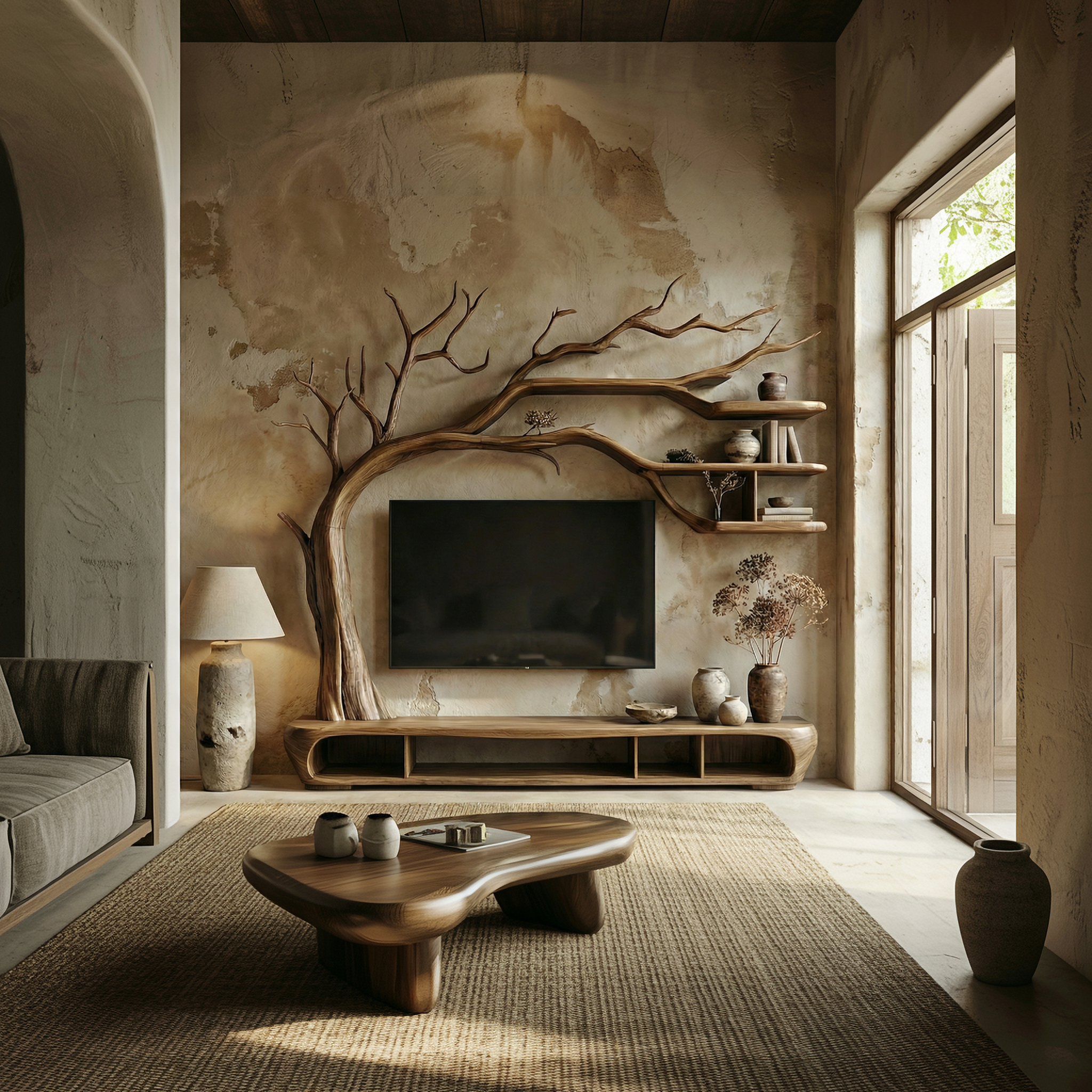 Rustic Sculptural Tree TV Unit For Living Room And Media Area SINLSATB700
