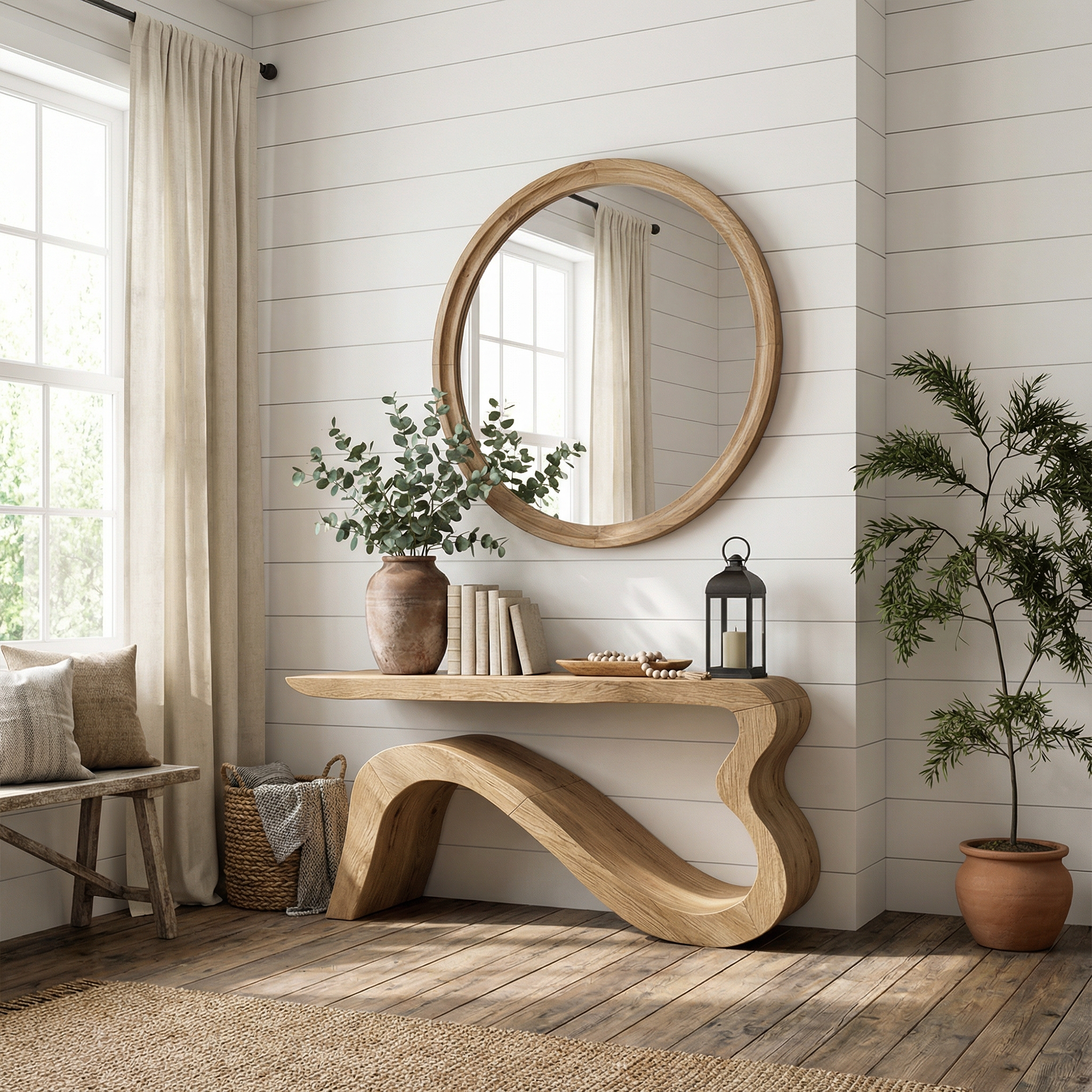 Contemporary Wave Console Table Solid Wood Soft Curved Sculptural Base For Living Room SINLKICS552