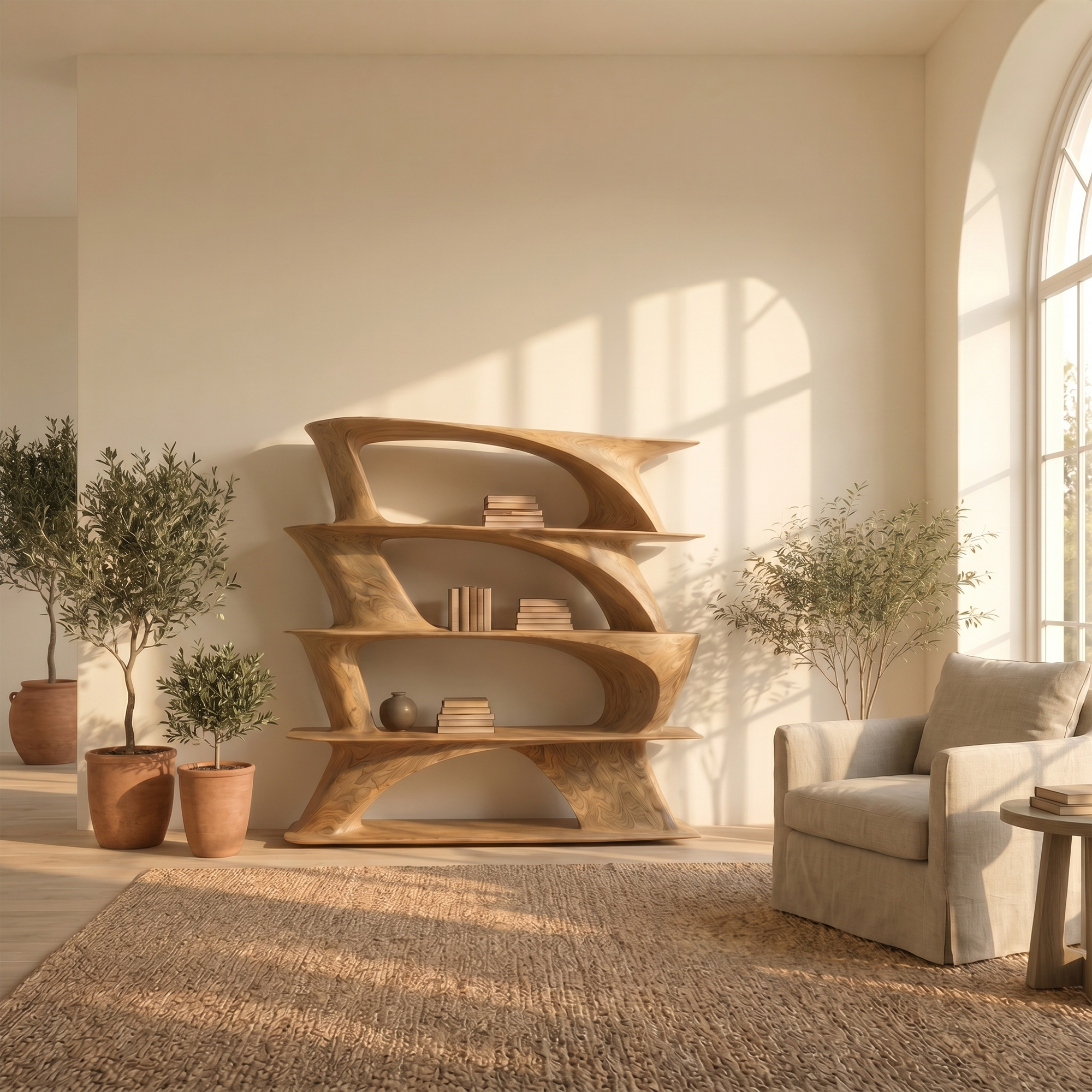 Organic Sculptural Bookshelf With Asymmetrical Open Shelves For Living Room SINLKIBS031