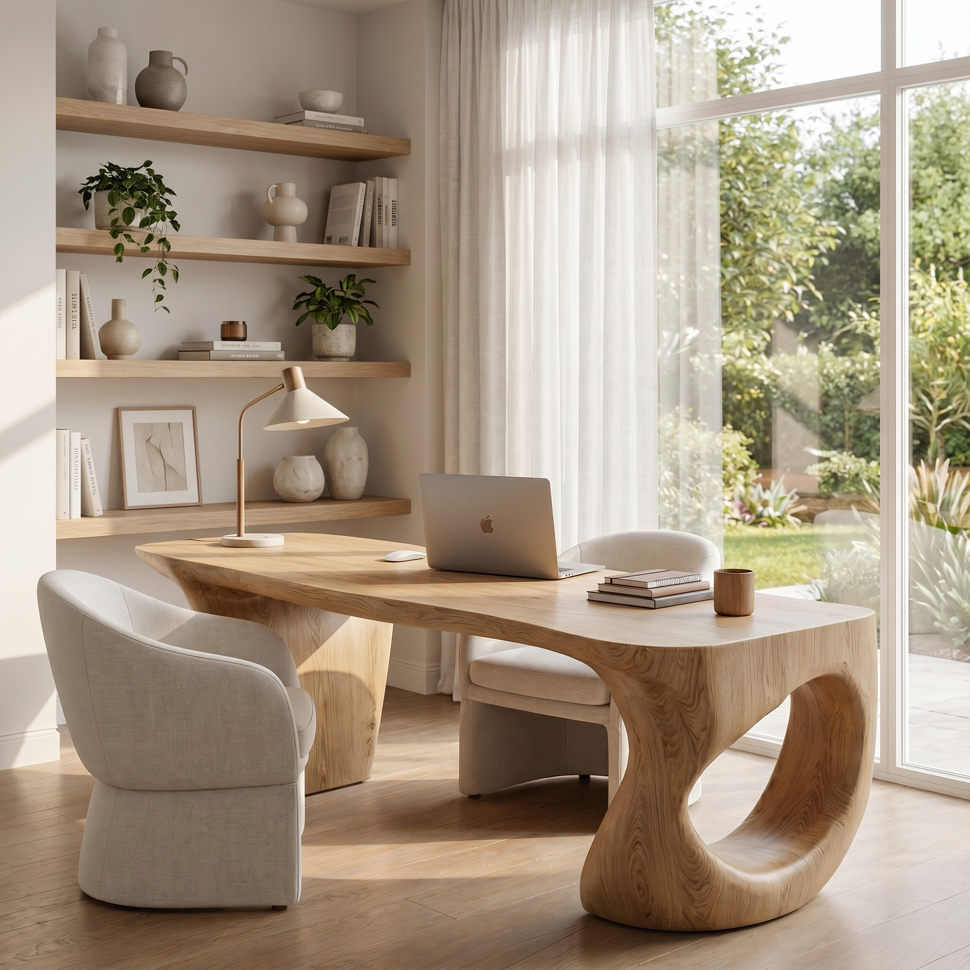 Contemporary Desk With Sculptural Loop Wood Base And Solid Wood Top For Home Office And Workspace SINLKIDK112