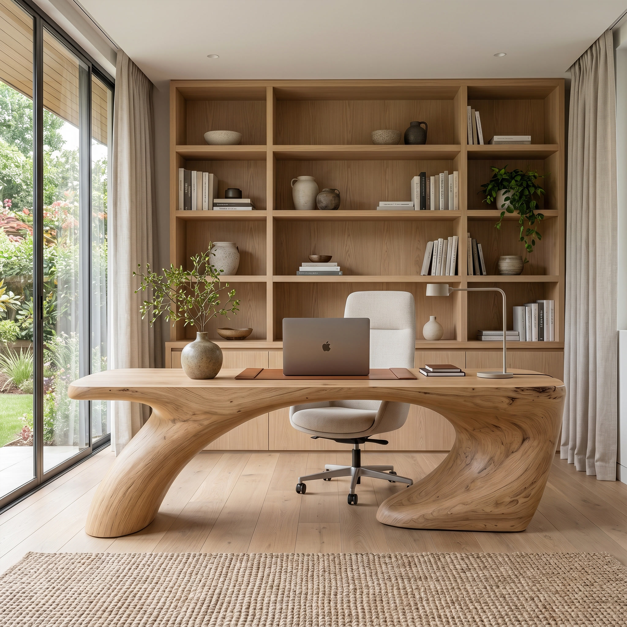 Modern Organic Desk With Sculptural Curved Wood Base And Solid Wood Top For Home Office And Workspace SINLKIDK113