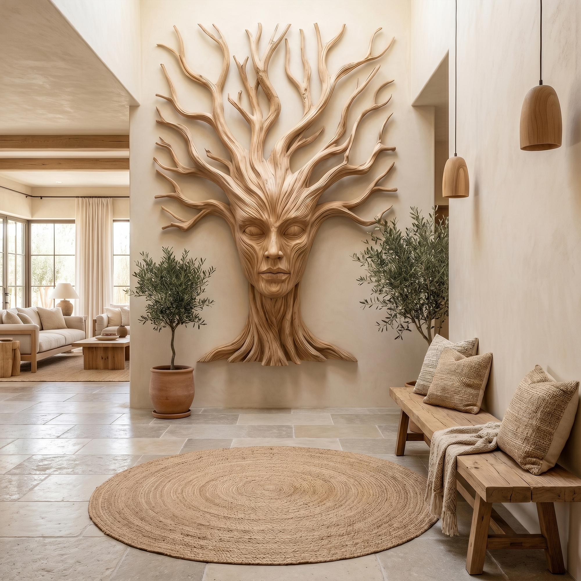 Mystical Tree Spirit Wooden Wall Art With Sculptural Face Design For Entryway And Living Room SINLKIWD104