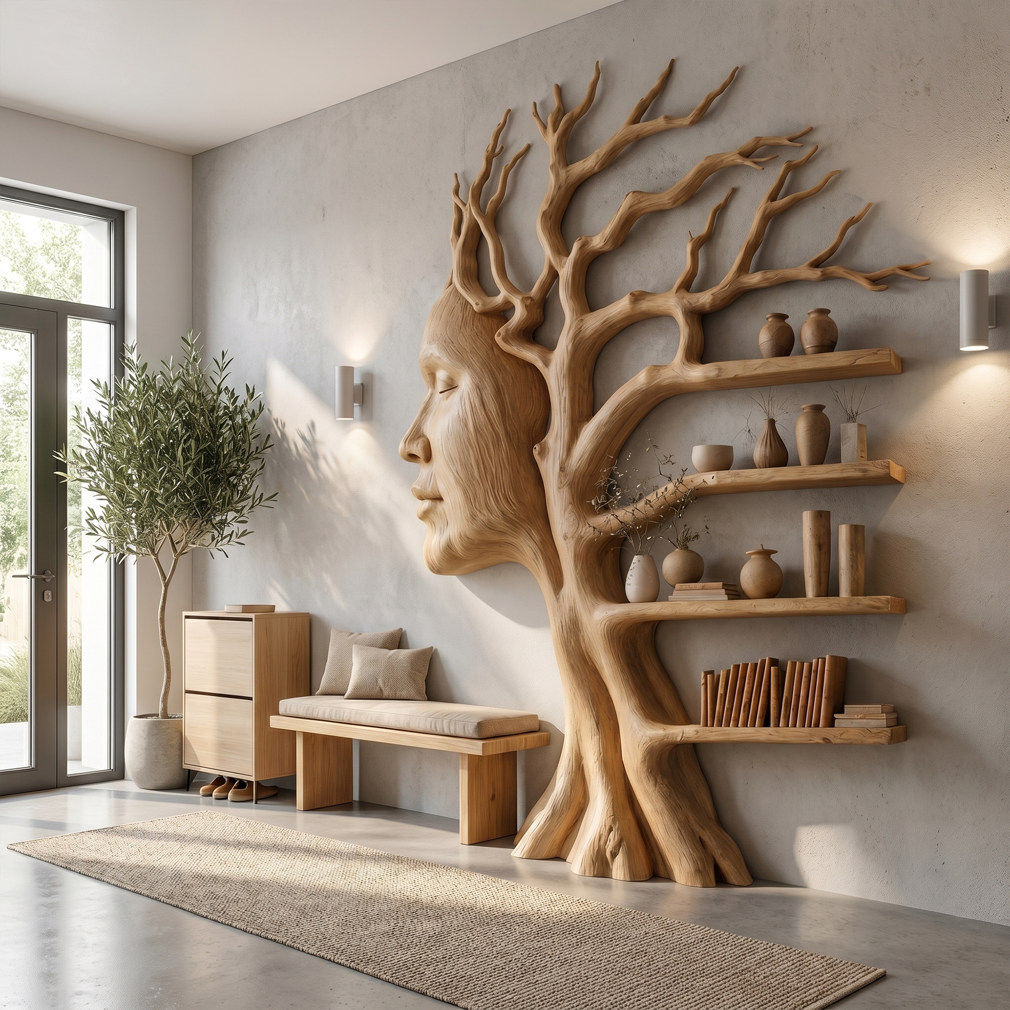 Fantasy Tree Bookshelf With Sculptural Face Design And Integrated Branch Shelves For Living Room SINLKITB735