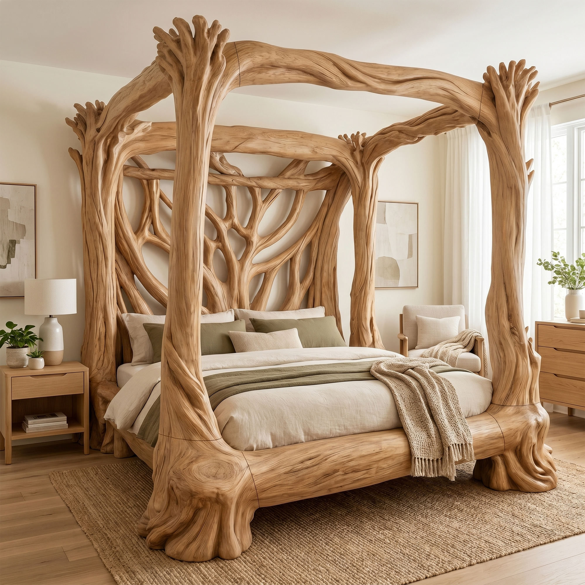 Organic Sculptural Canopy Bed With Handcrafted Tree Branch Wood Frame For Bedroom Decor SINLKIWB120