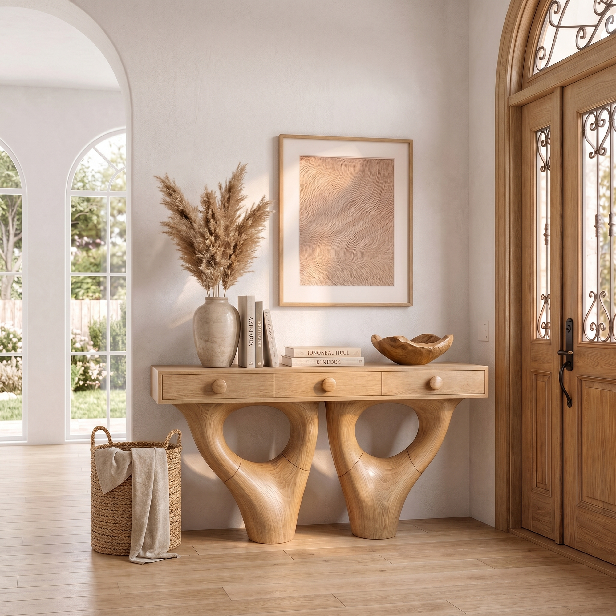 Rustic Console Table With Sculptural Double Pedestal Wood Base And Solid Wood Top For Entryway And Living Room SINLKICS594