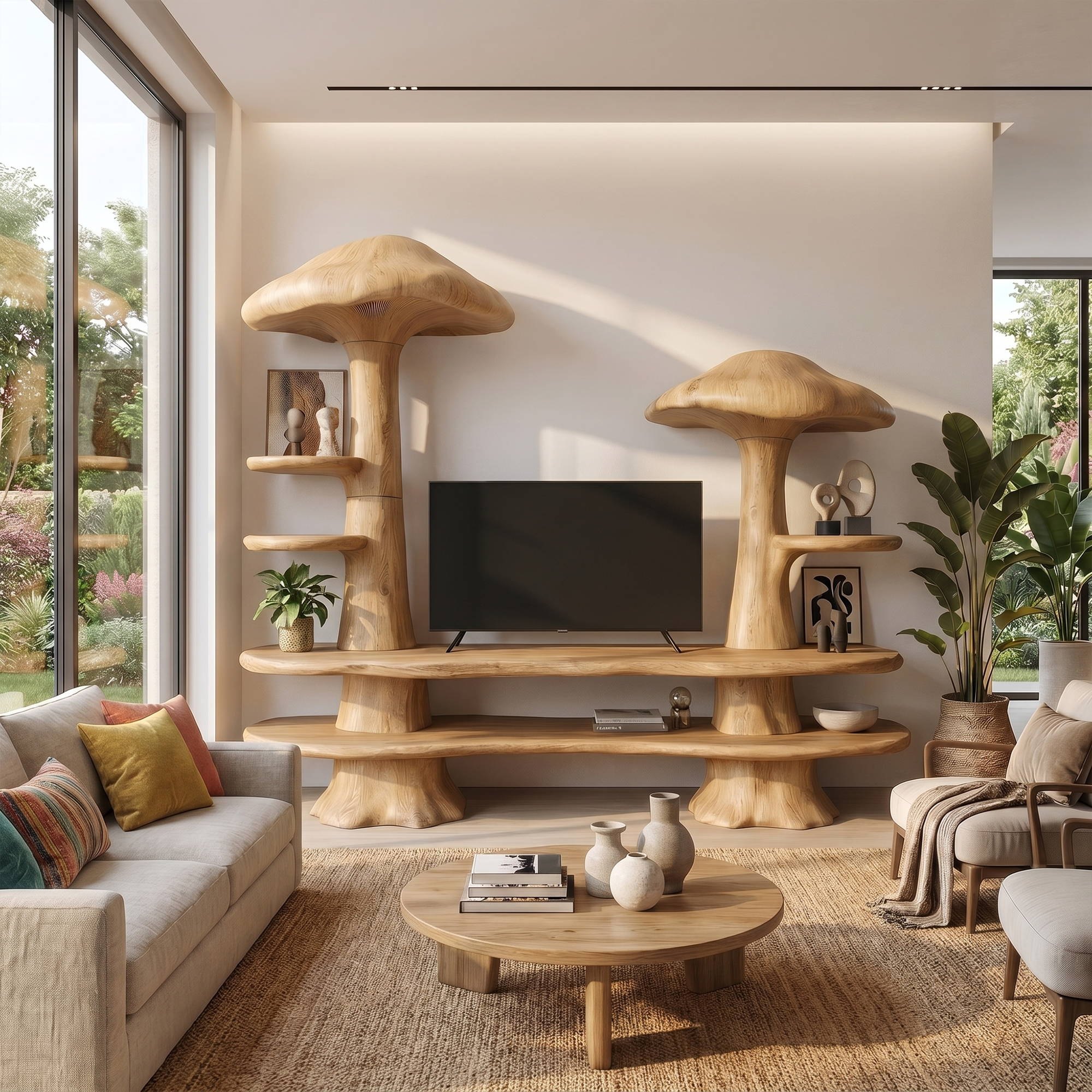 Rustic Mushroom TV Cabinet With Open Display Storage And Media Console For Living Room SINLKITC054