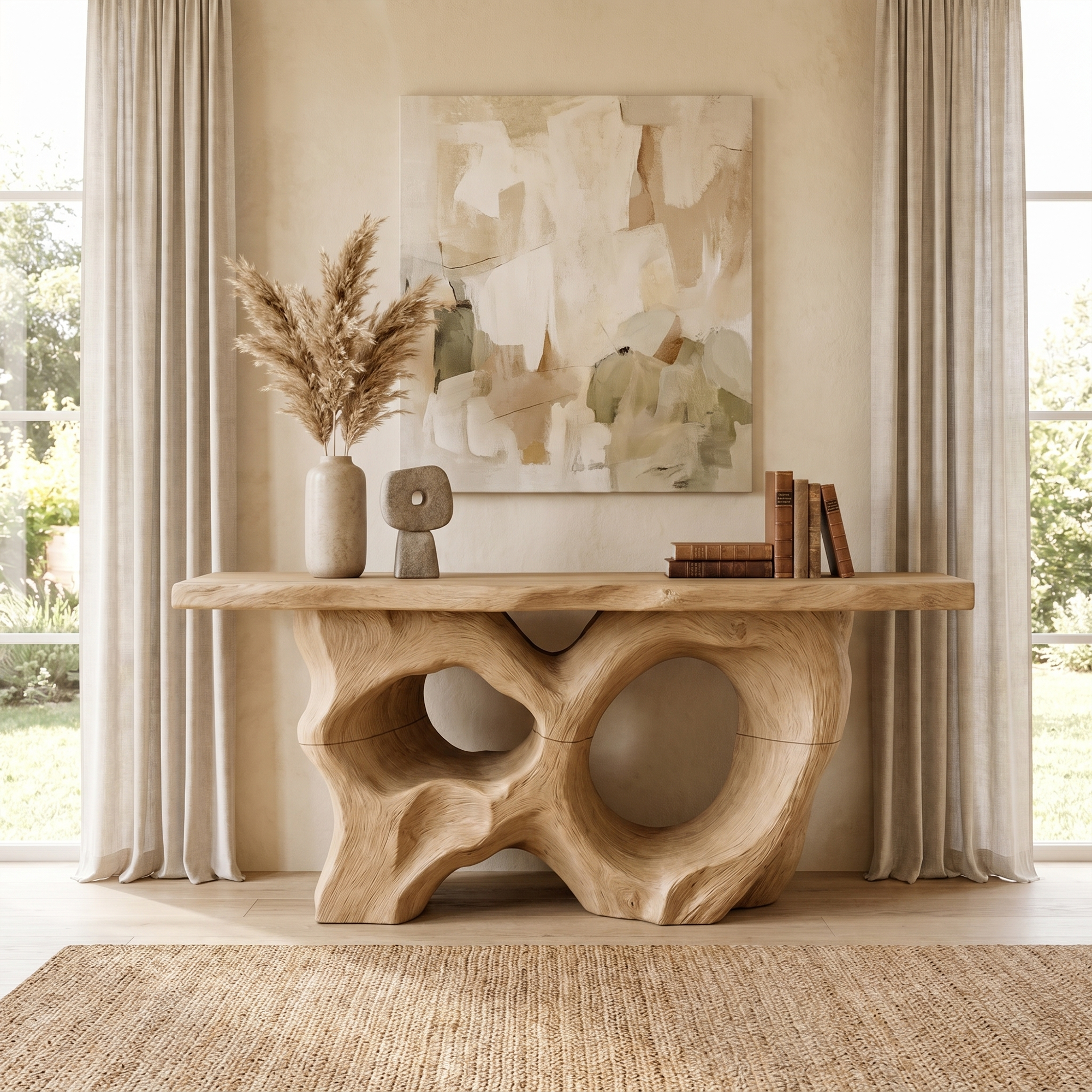 Modern Console Table With Sculptural Asymmetrical Wood Base  For Living Room SINLKICS598