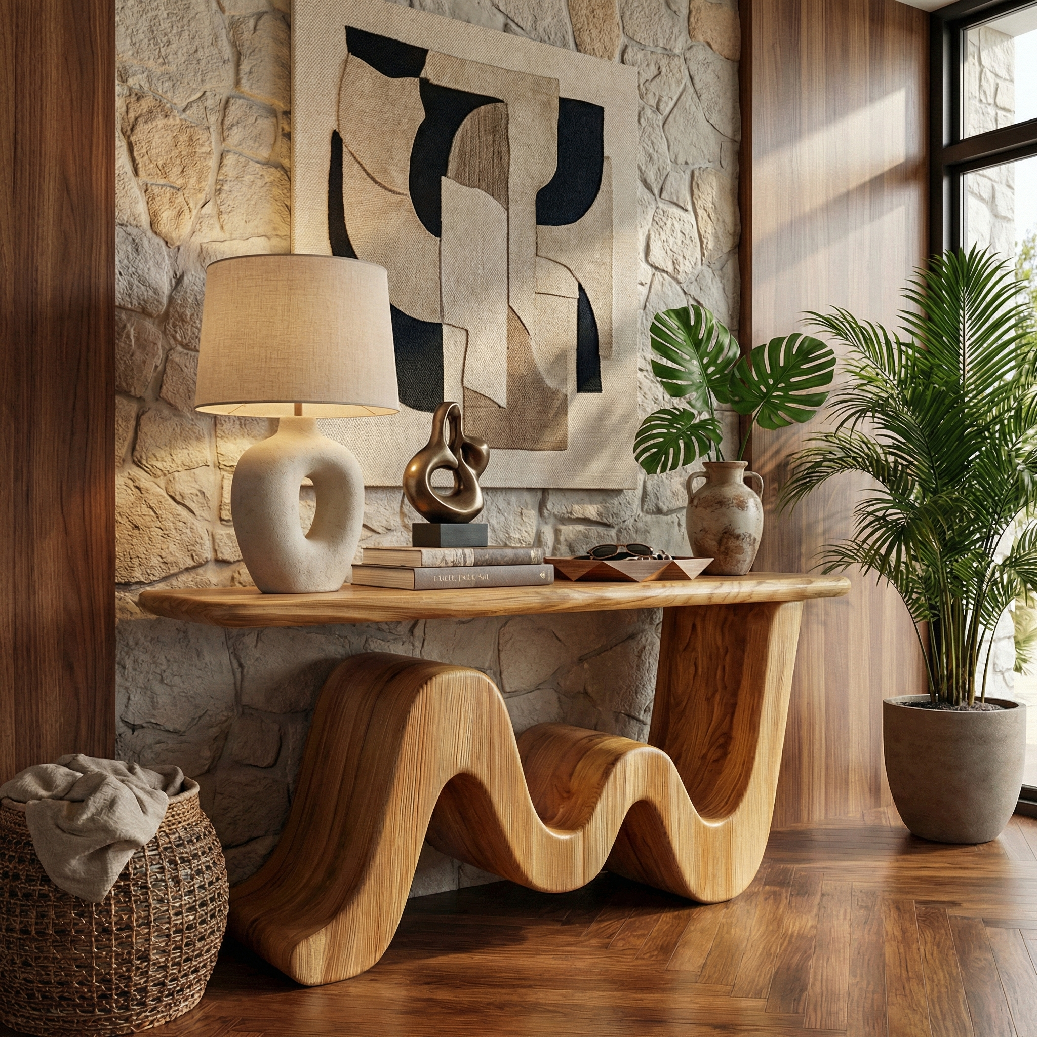 Wave Console Table Solid Wood Soft Curved Shape Living Room And Entryway SINLKICS558