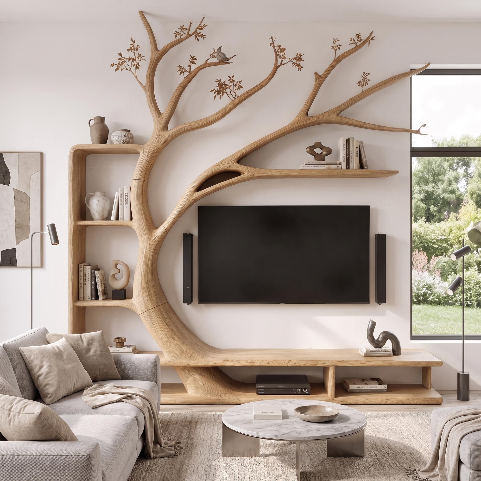 Handcrafted TV Cabinet With Artistic Tree Bookcase For Living Room SINLKITC084