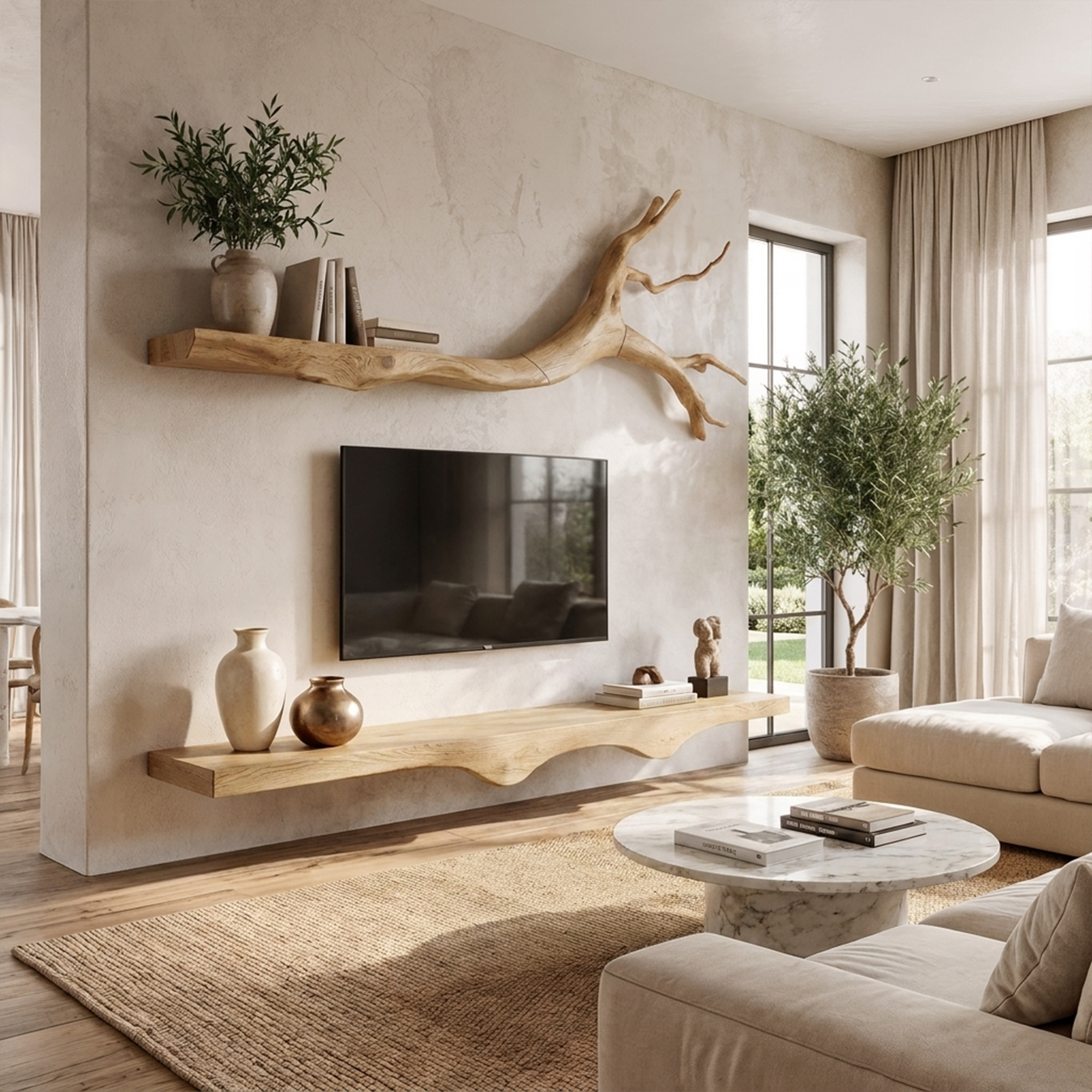 Set 2 Pieces Rustic Floating Wall TV Console Solid Wood Bedroom Living SINLKIFL189