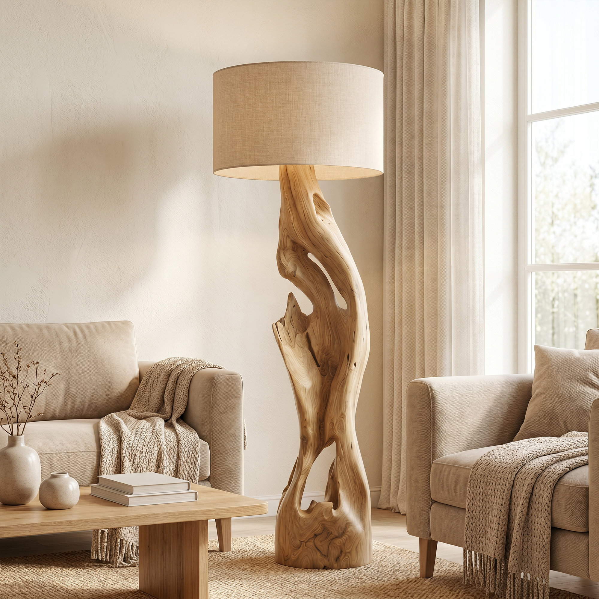 Sculptural Floor Lamp With Solid Wood Open Form Design For Living Room SINLKIFLP089
