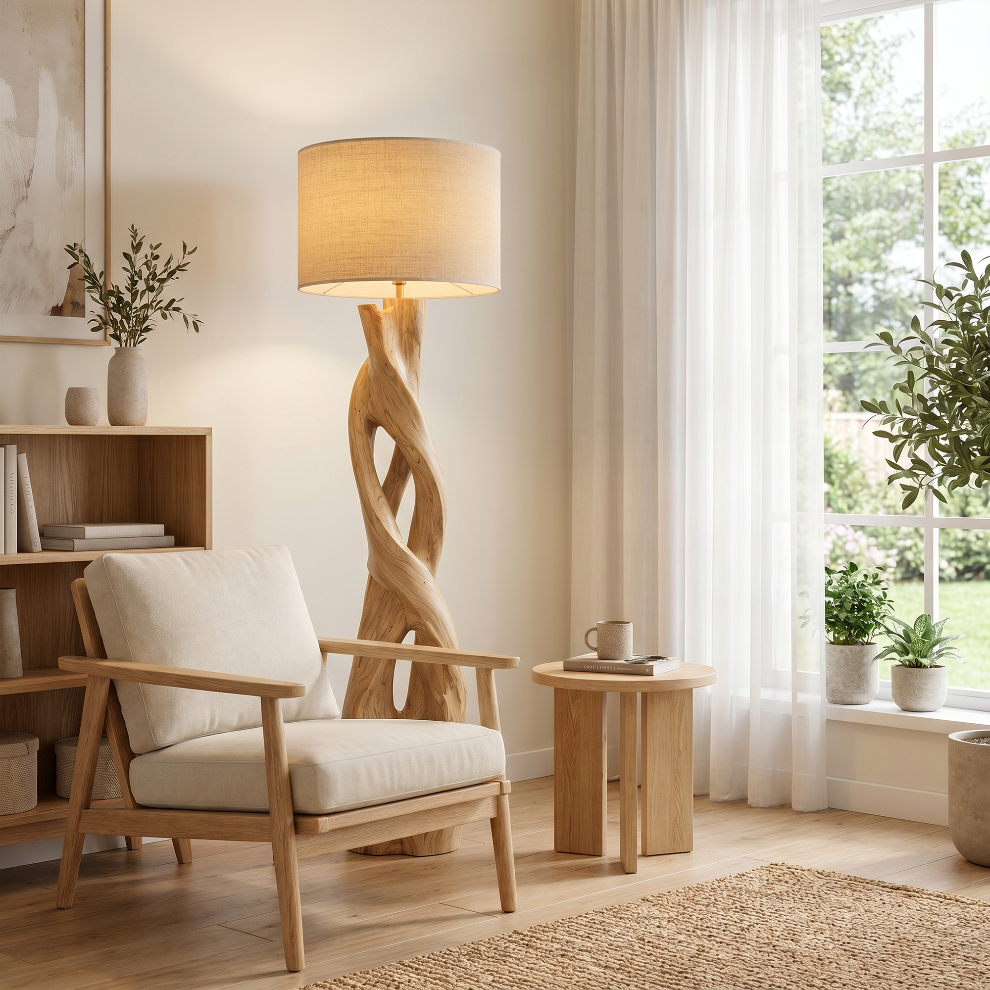 Nature Inspired Floor Lamp With Sculptural Wood Form And Fabric Shade For Living Room SINLKIFLP091
