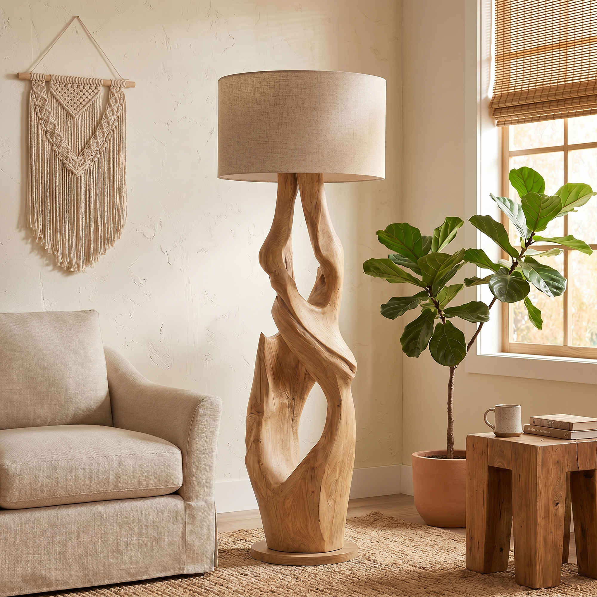 Contemporary Organic Floor Lamp With Artistic Hollow Wood Structure For Living Room SINLKIFLP092