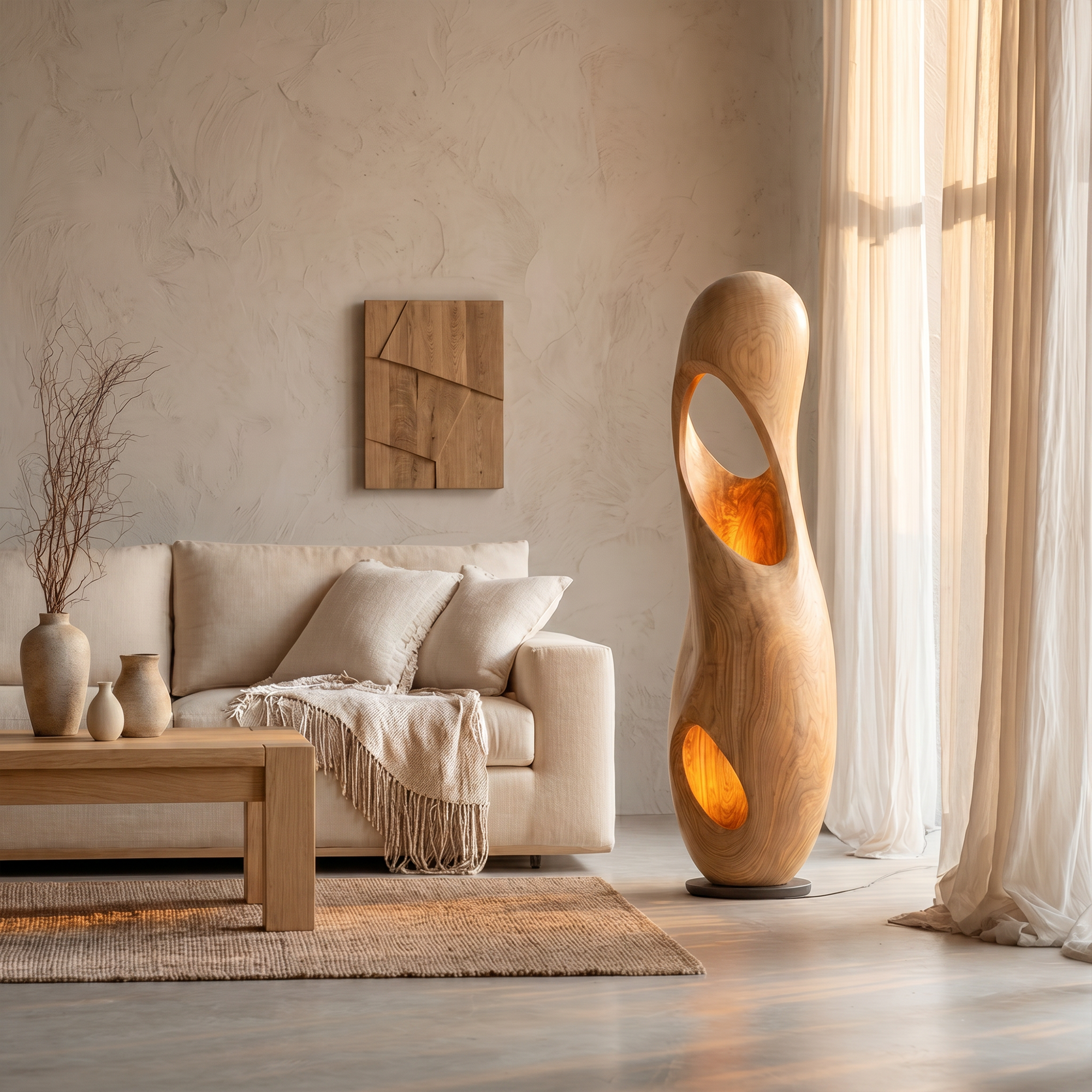 Organic Floor Lamp With Sculptural Hollow Wood Tower Design For Living Room SINLKIFLP093