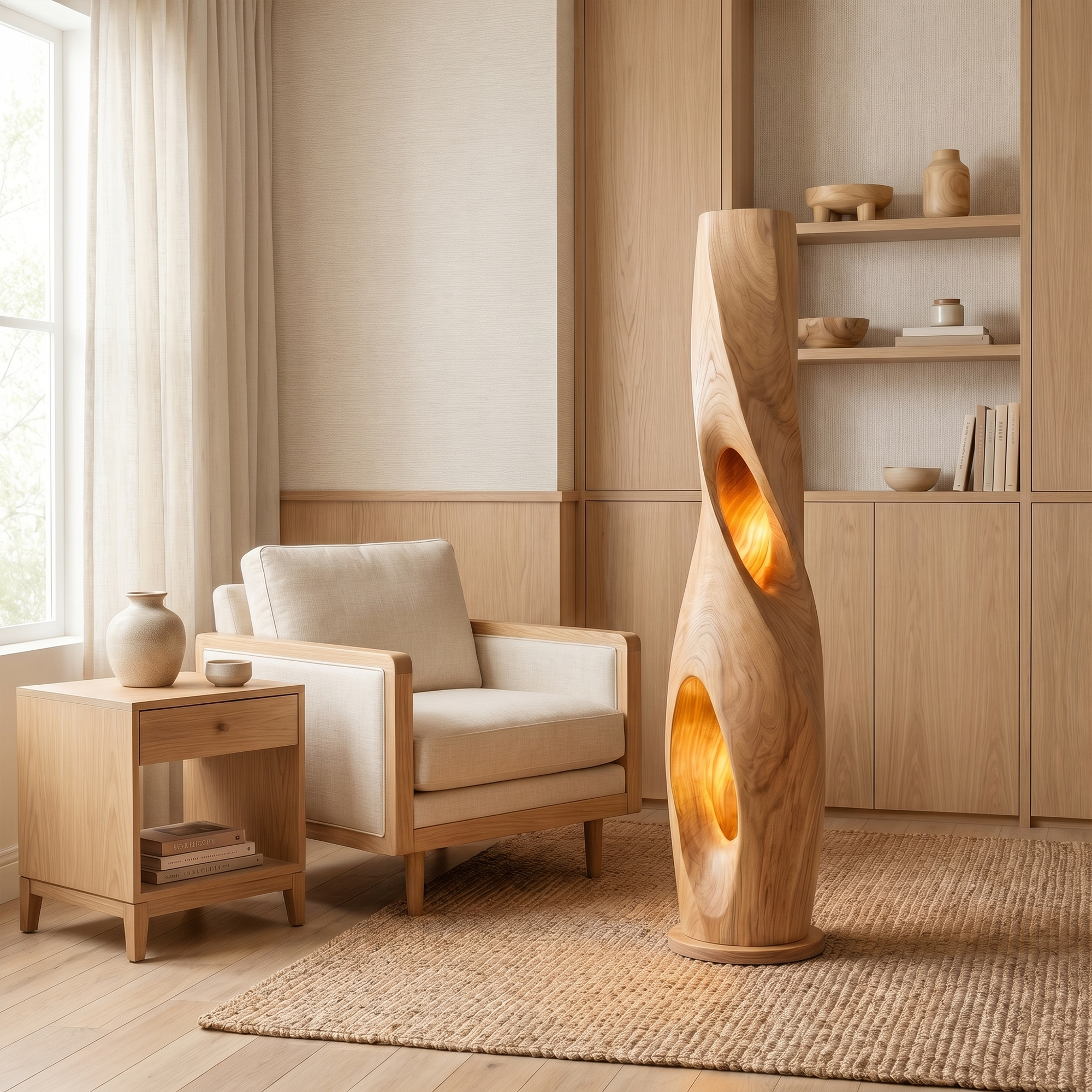 Modern Sculptural Floor Lamp With Hollow Solid Wood Design For Living Room SINLKIFLP095