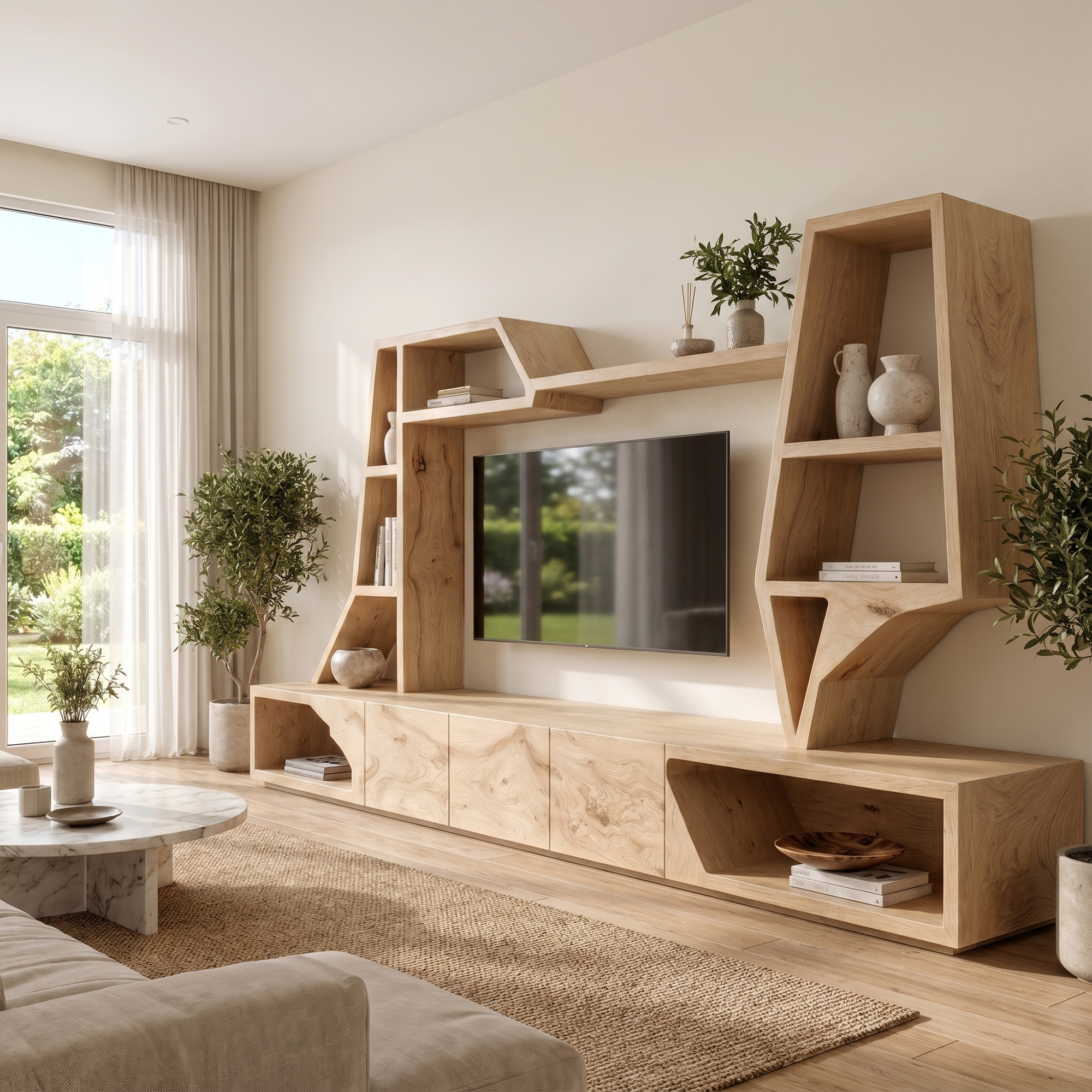 Organic TV Cabinet With Sculptural Branch Shelving And Wall Mounted Storage For Living Room SINLKITC056