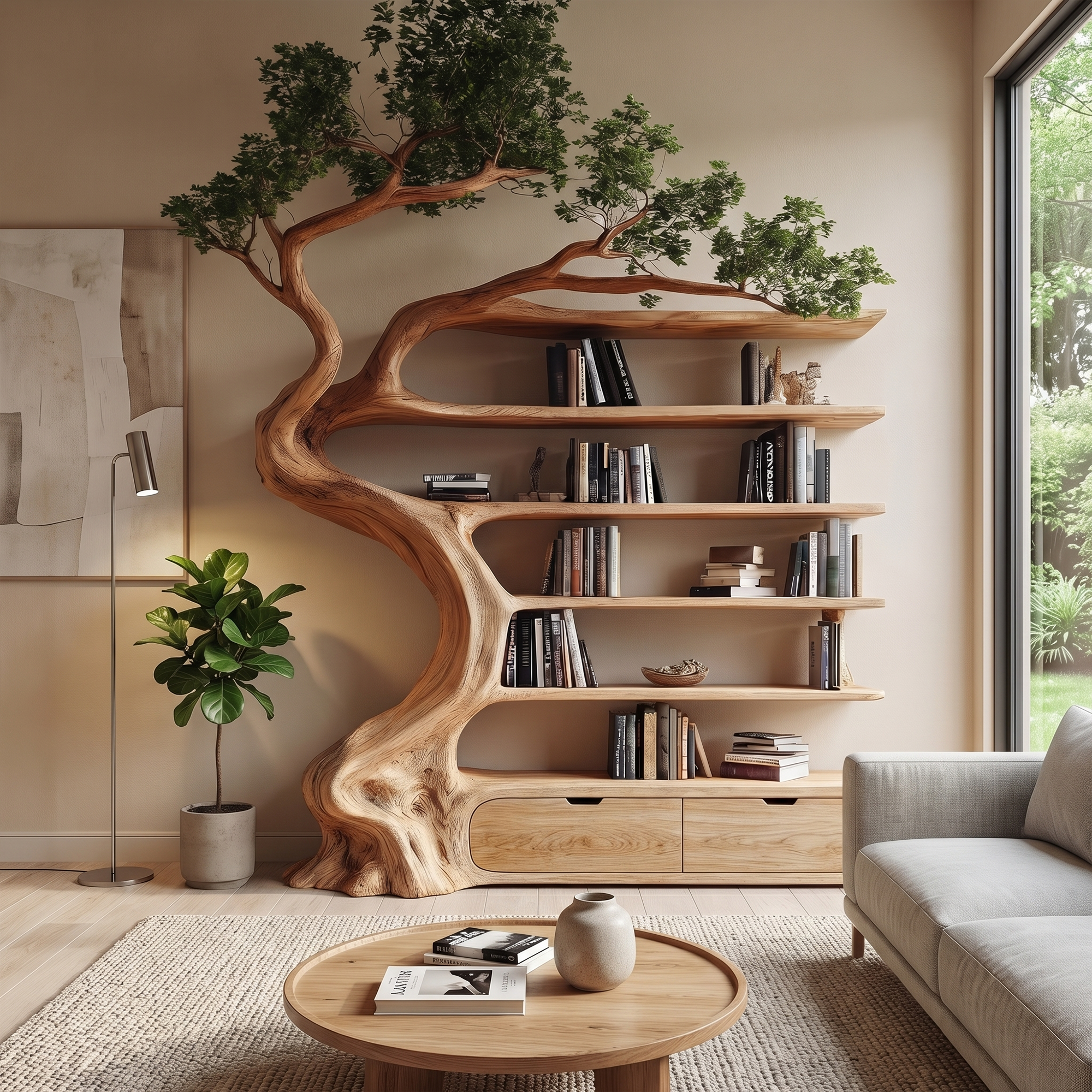 Rustic Tree Bookshelf With Storage Cabinet For Living Room SINLKITB724
