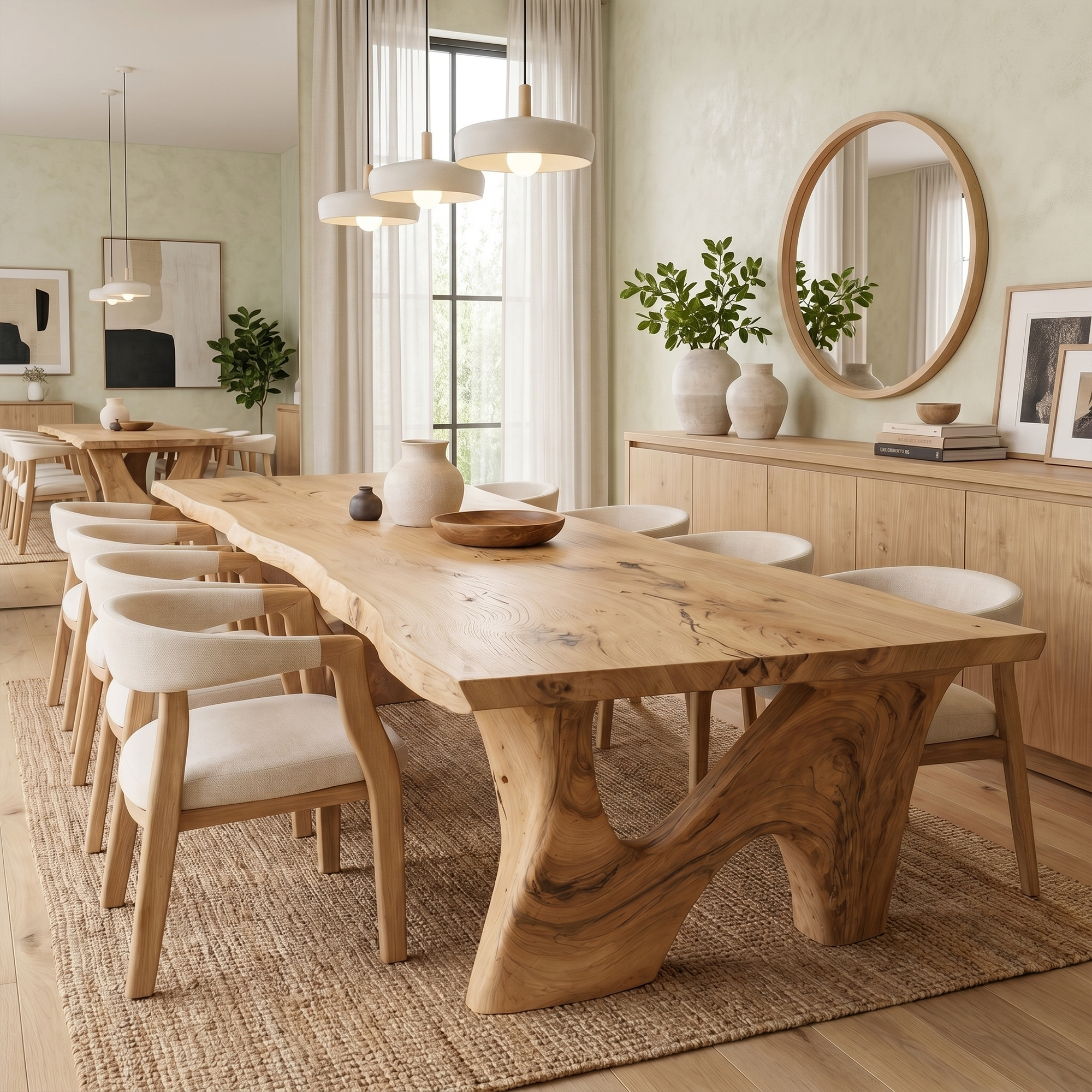 Rustic Modern Dining Table With Solid Wood Top And Sculptural Curved Base For Dining Room SINLKIDT186