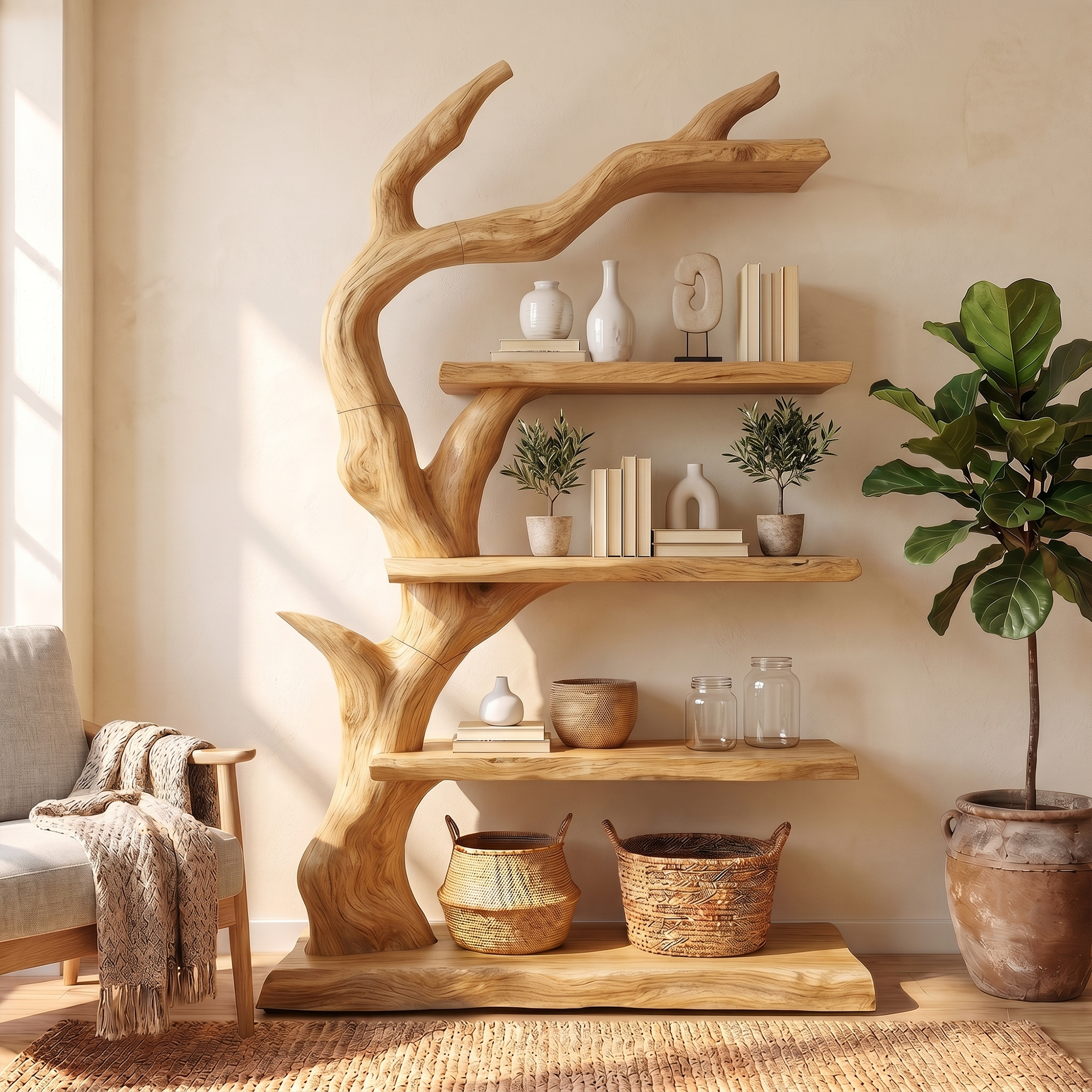 Rustic Tree Bookshelf With Handcrafted Branch Design And Open Display Shelves For Living Room SINLKITB736