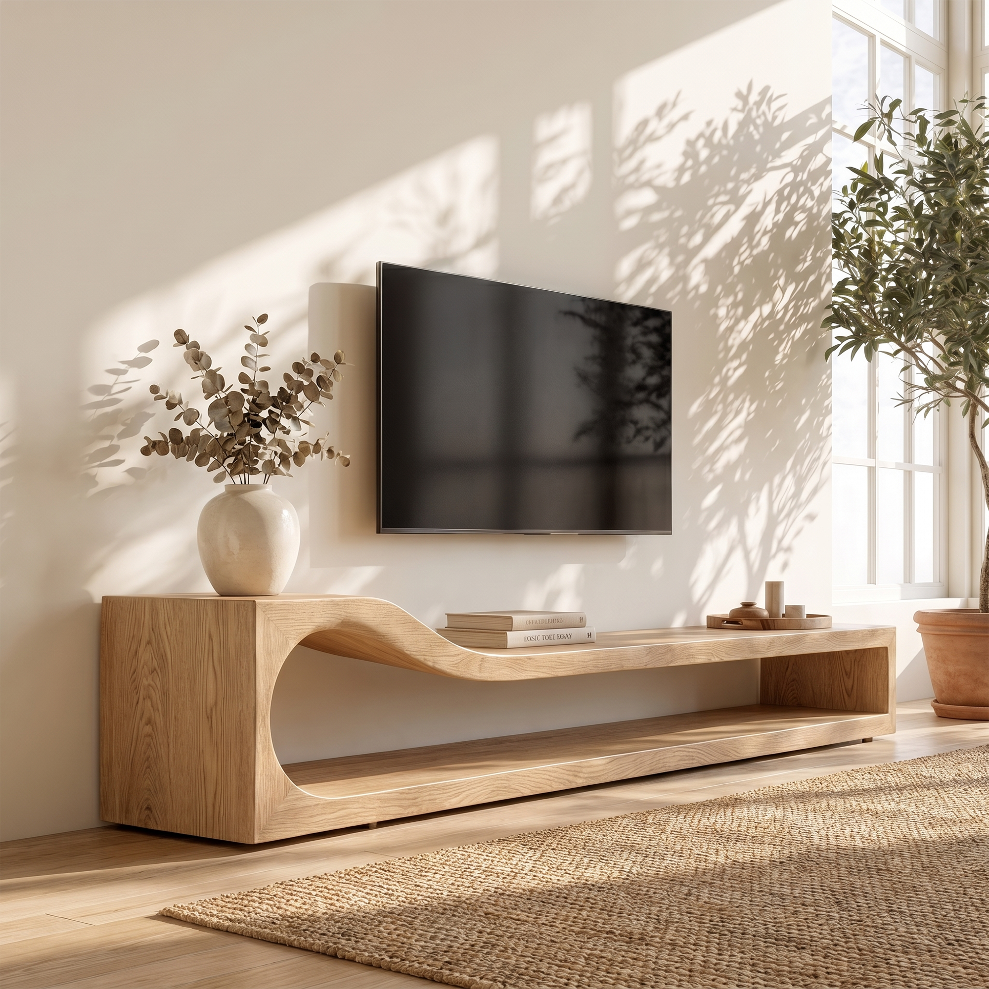 Organic TV Cabinet With Sculptural Wave Wood Base And Solid Wood Media Console For Living Room SINLKITC033