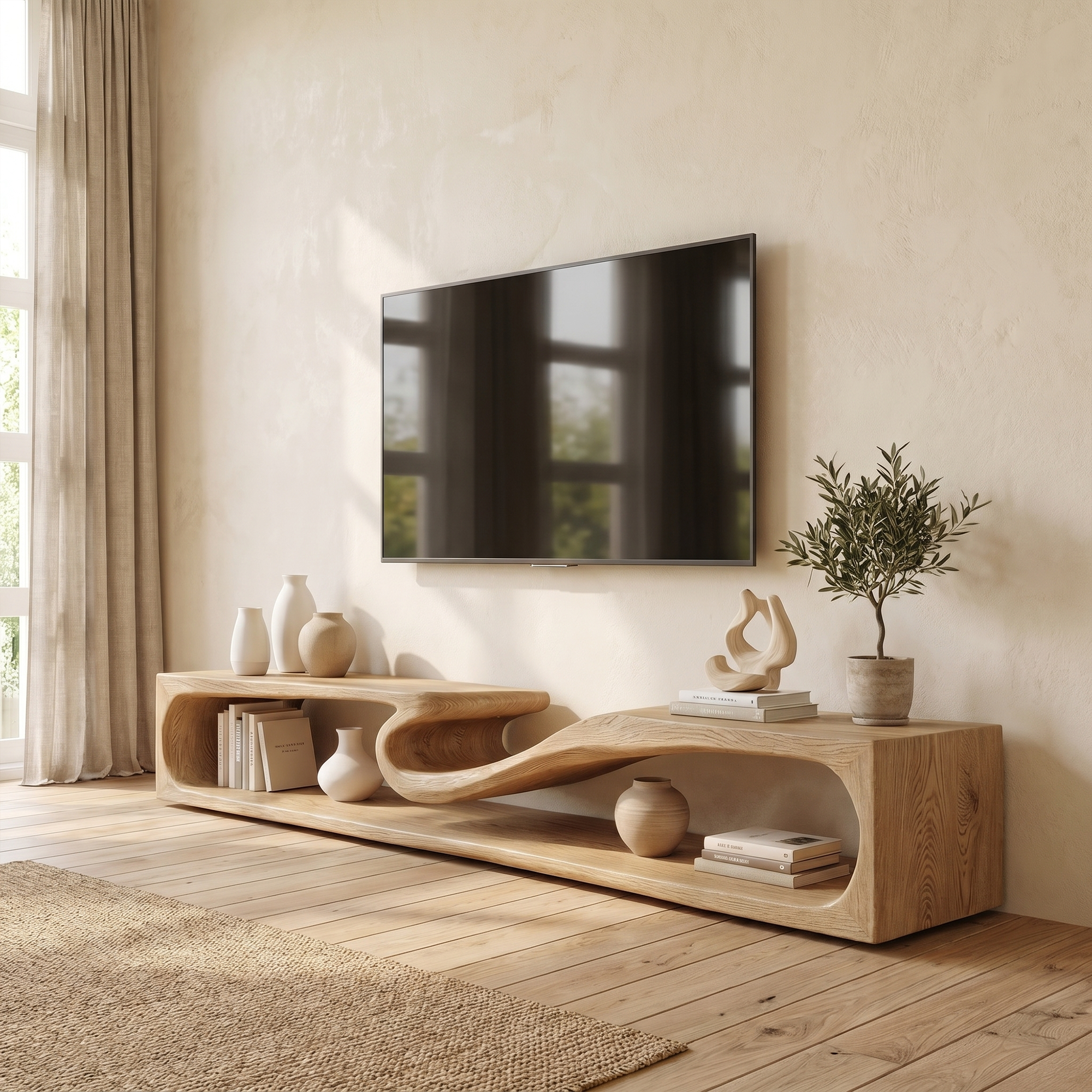Minimalist TV Cabinet With Rounded Edge Wood Frame And Open Storage Design For Living Room SINLKITC034