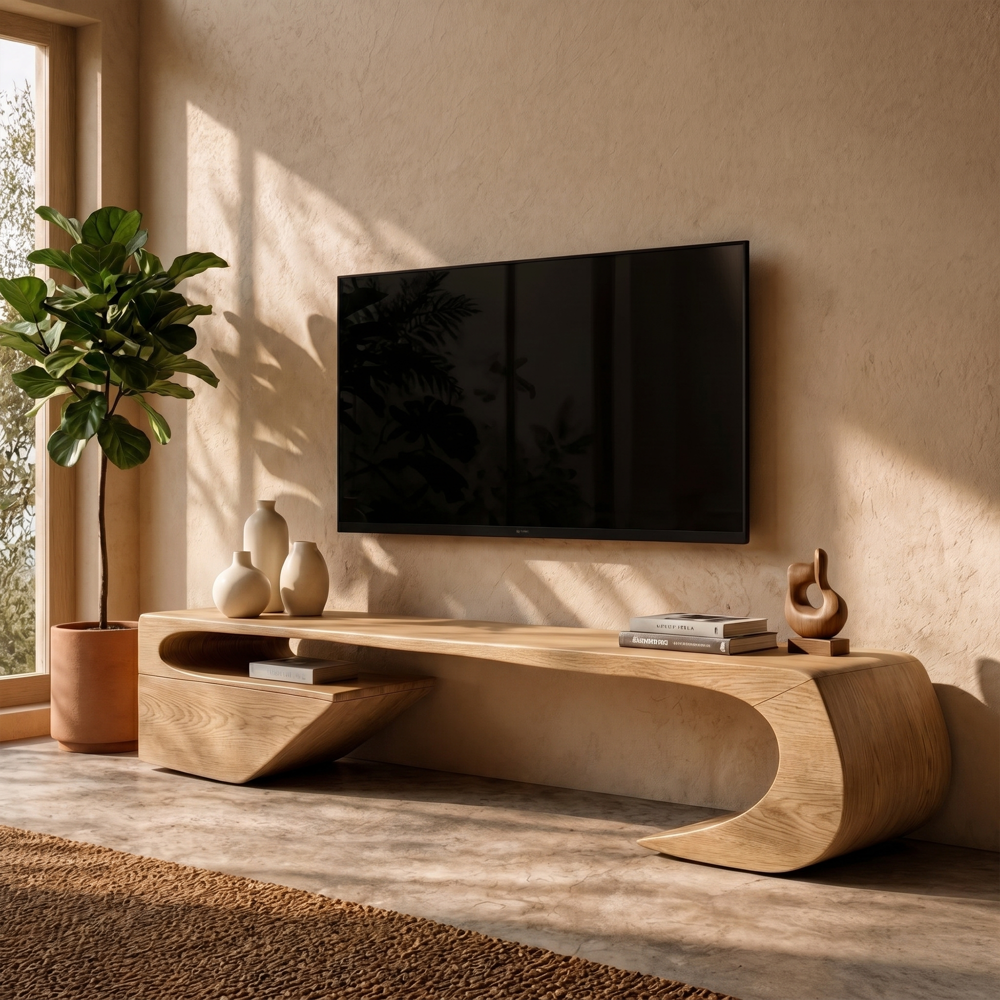 Japandi TV Cabinet With Sculptural Curved Wood Base And Solid Wood Media Console For Living Room SINLKITC035