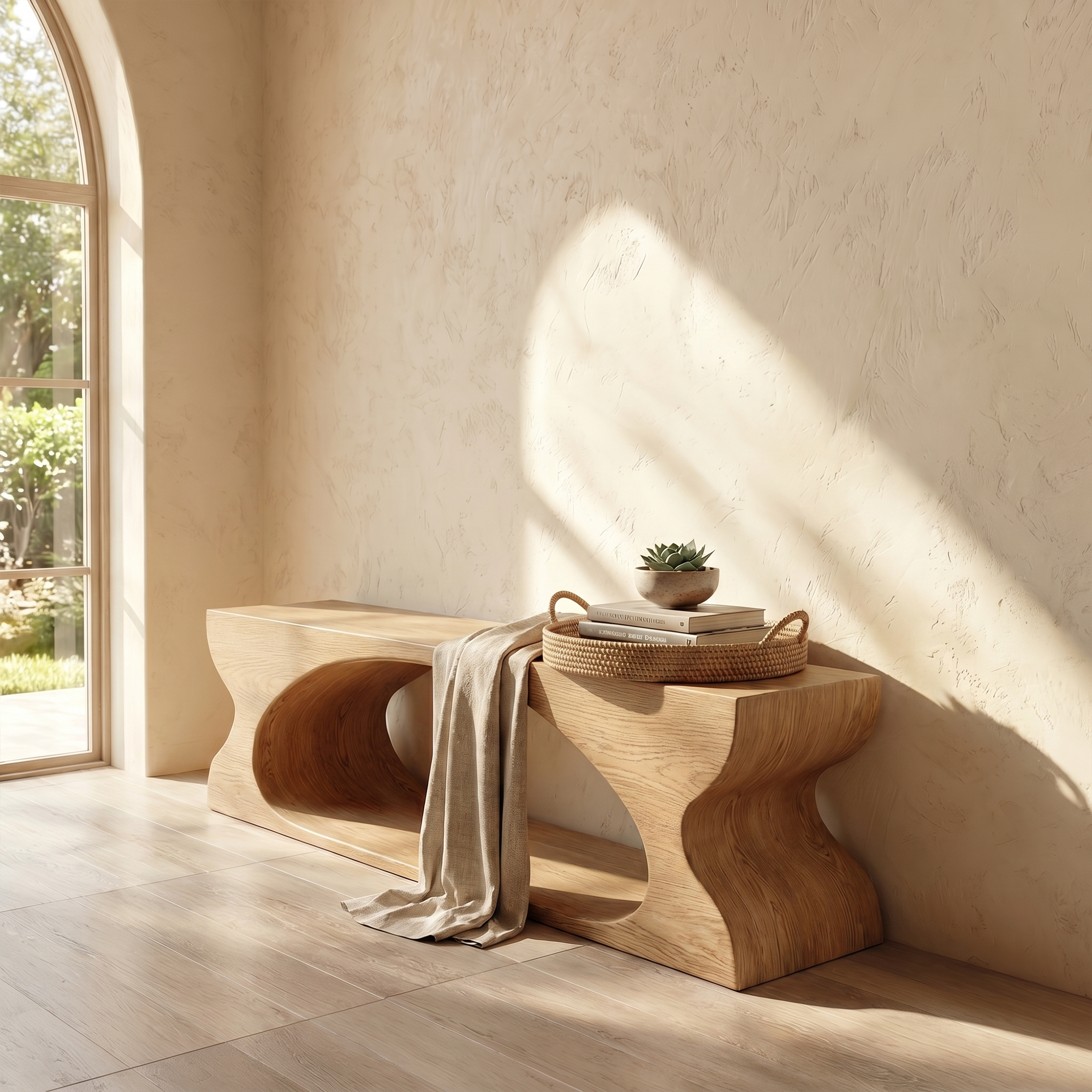 Modern Sculptural Wooden Bench With Organic Design For Entryway And Living Room SINLKIRS105