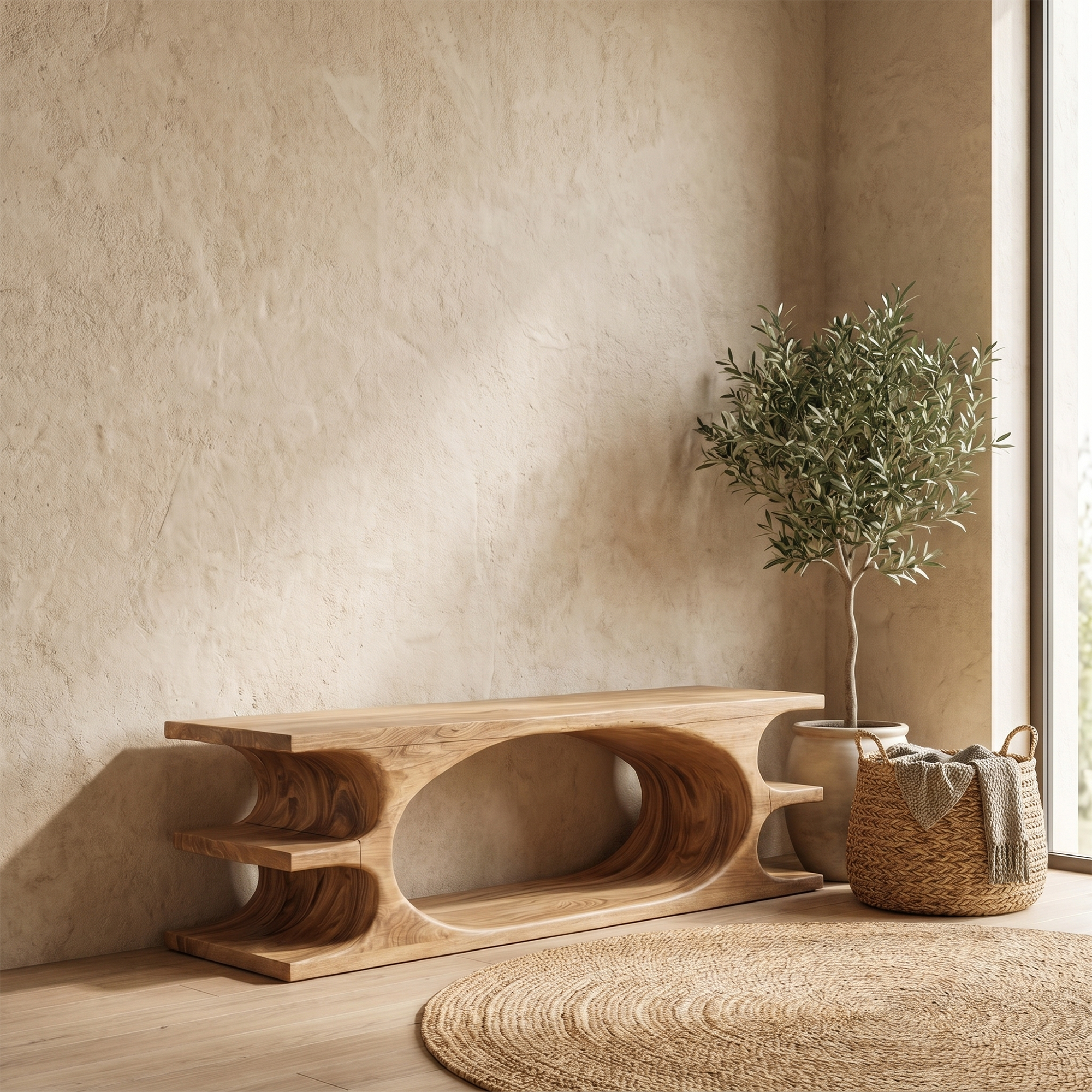 Organic Sculptural Wooden Bench With Flowing Curved Base For Living Room And Entryway SINLKIRS106