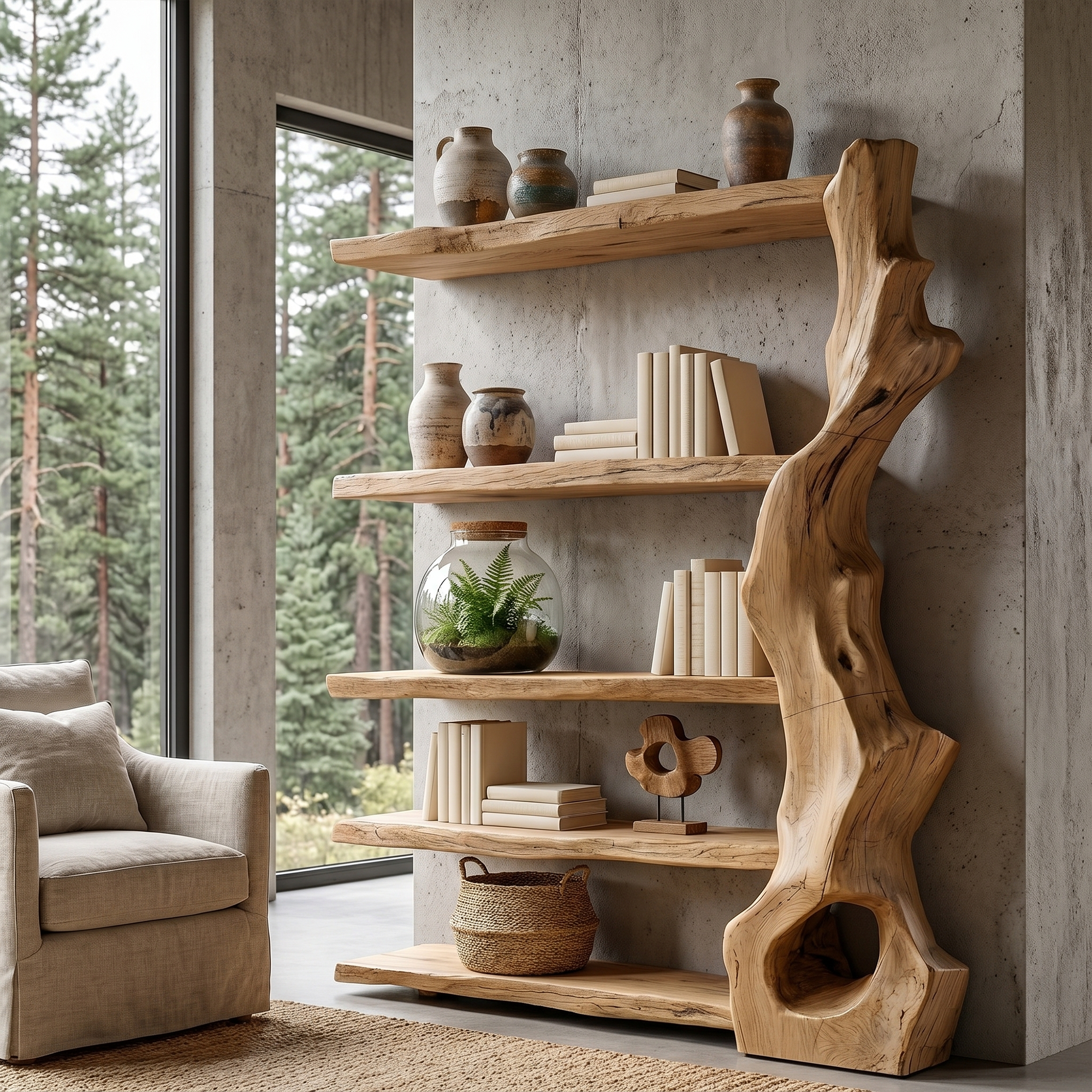 Rustic Tree Bookshelf With Handcrafted Branch Base And Open Shelves SINLKITB739