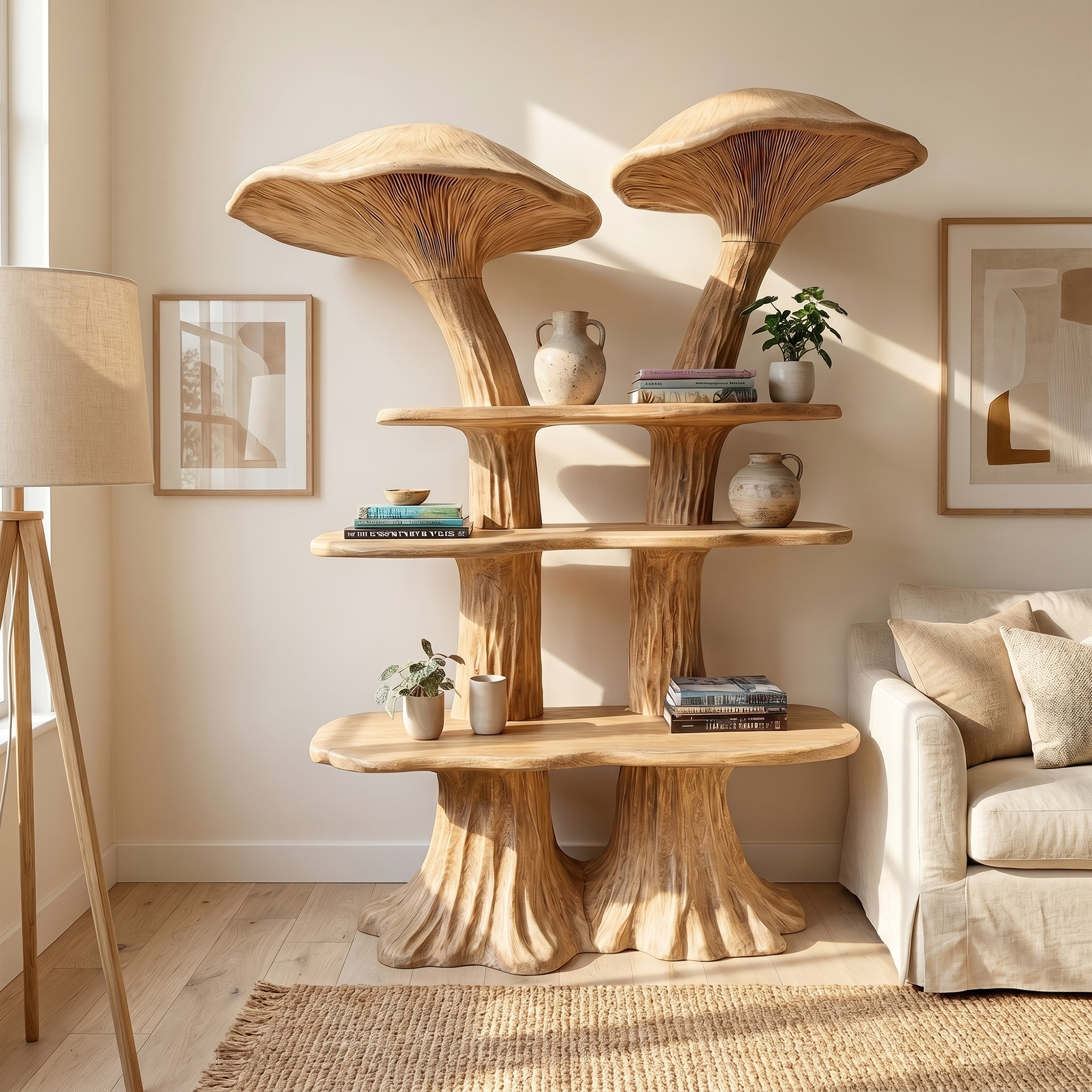 Rustic Mushroom Bookshelf With Handcrafted Solid Wood Shelves For Living Room SINLKITB741
