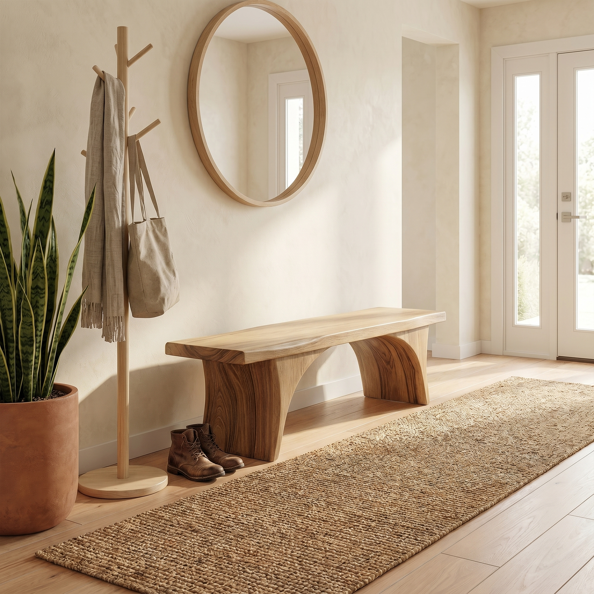 Organic Sculptural Bench With Curved Open Storage Base For Entryway And Living Room SINLKIRS112