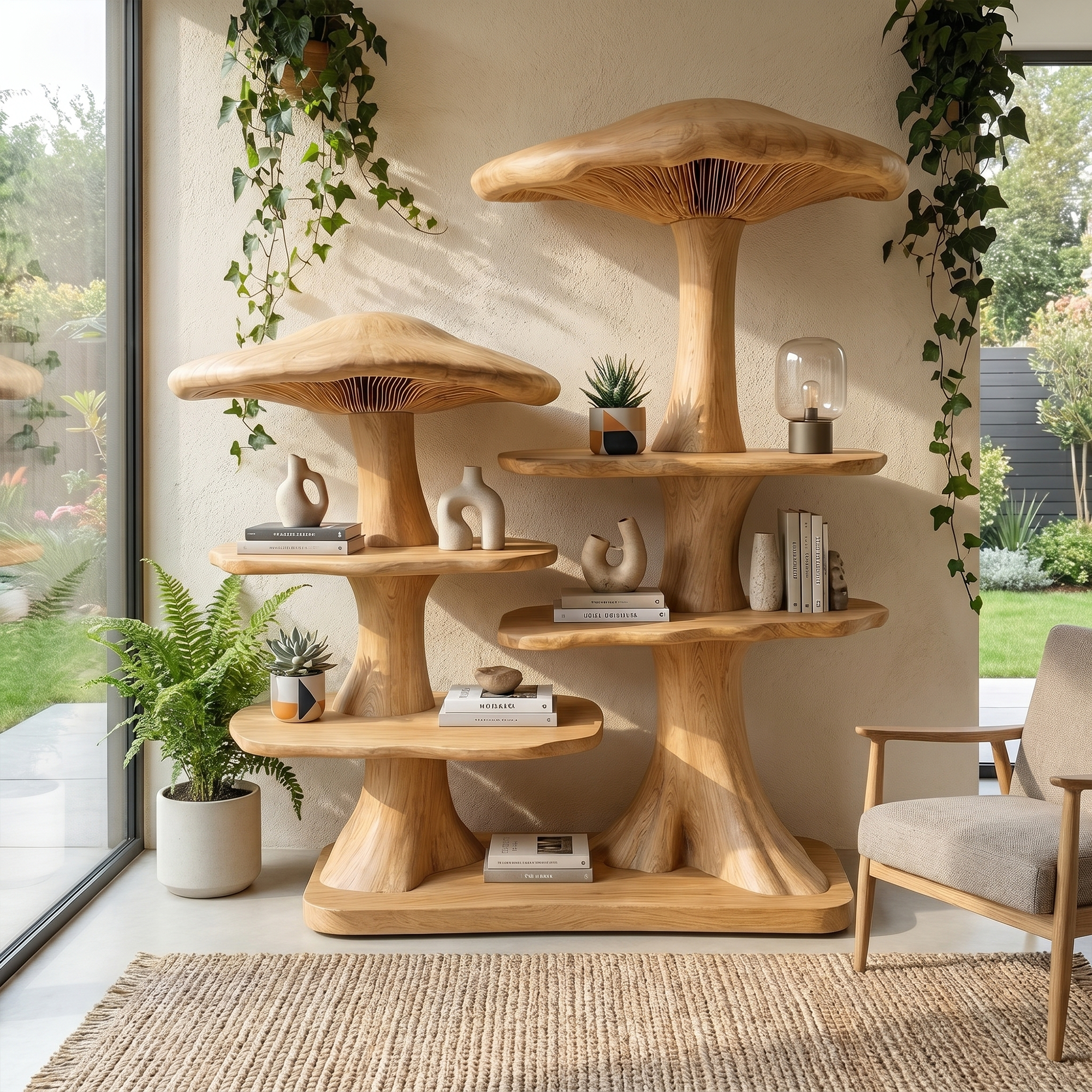 Mushroom Tree Bookshelf With Handcrafted Solid Wood Structure For Reading Corner SINLKITB744