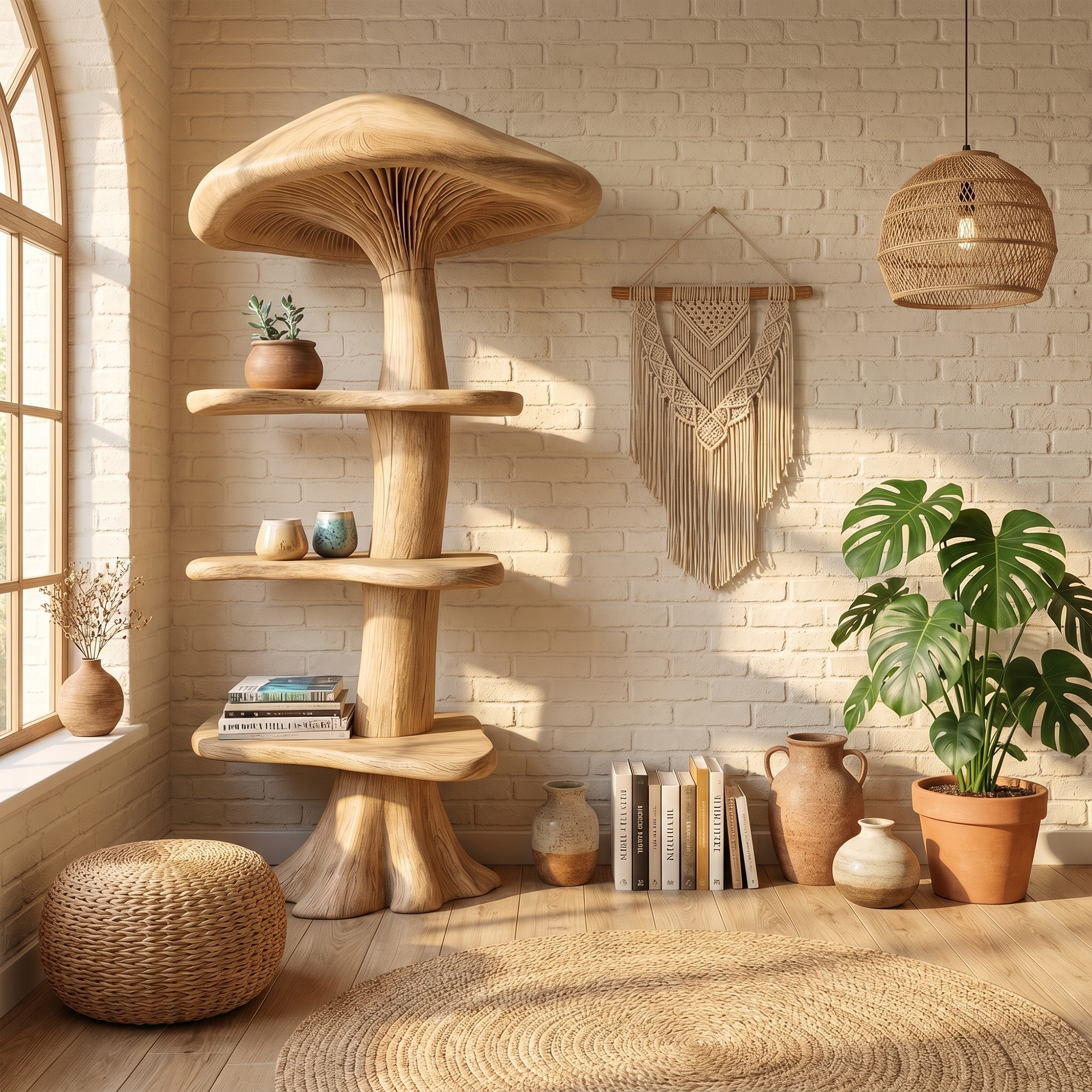 Organic Mushroom Bookshelf With Handcrafted Solid Wood Shelves For Living Room SINLKITB745
