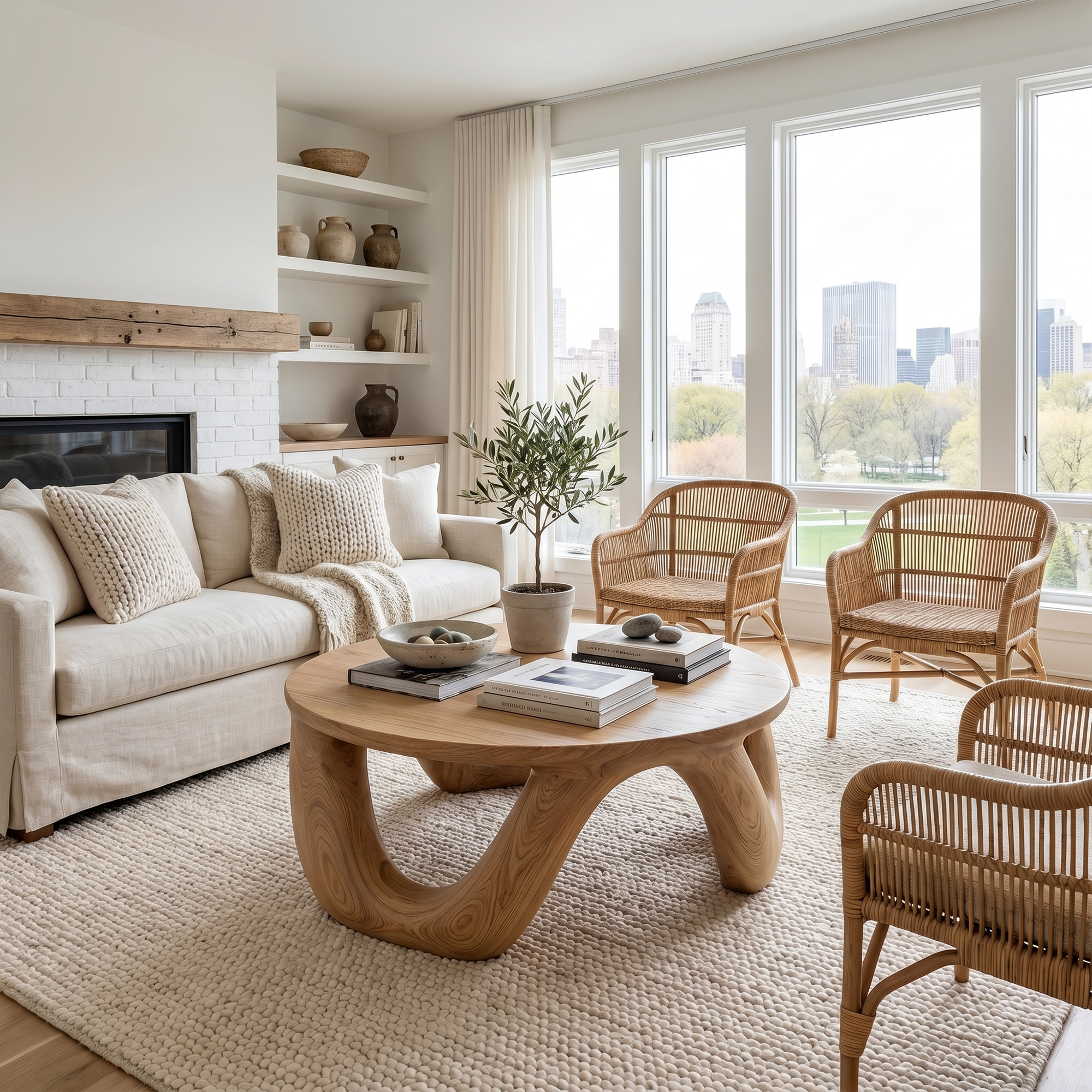 Modern Coffee Table With Round Solid Wood Top And Artistic Sculptural Base For Living Room SINLKICF380